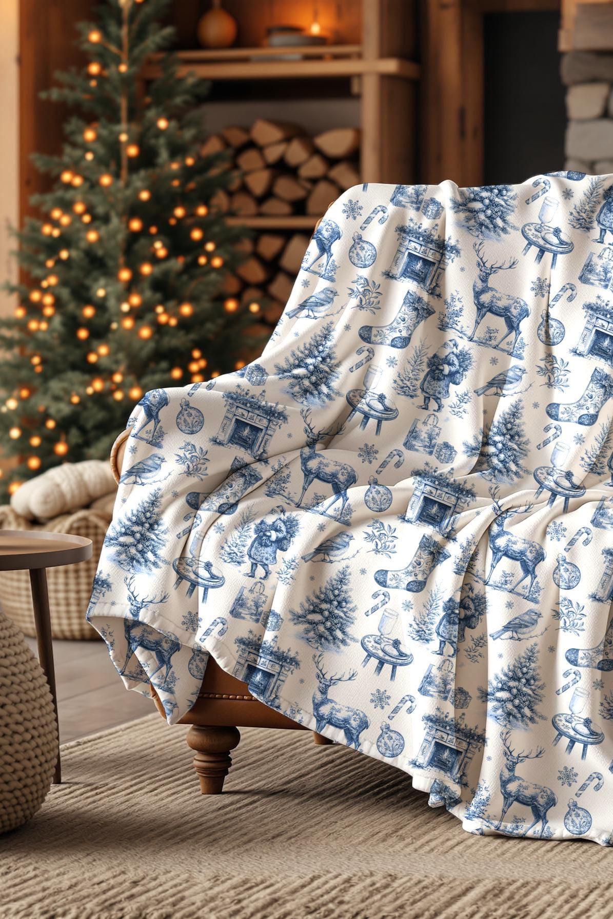 Blue Toile Christmas Blanket Festive Blue Velveteen Plush Blanket Elegant Holiday Sofa Decor Winter Toile de Jouy Throw Blanket - LAUMIANstudio