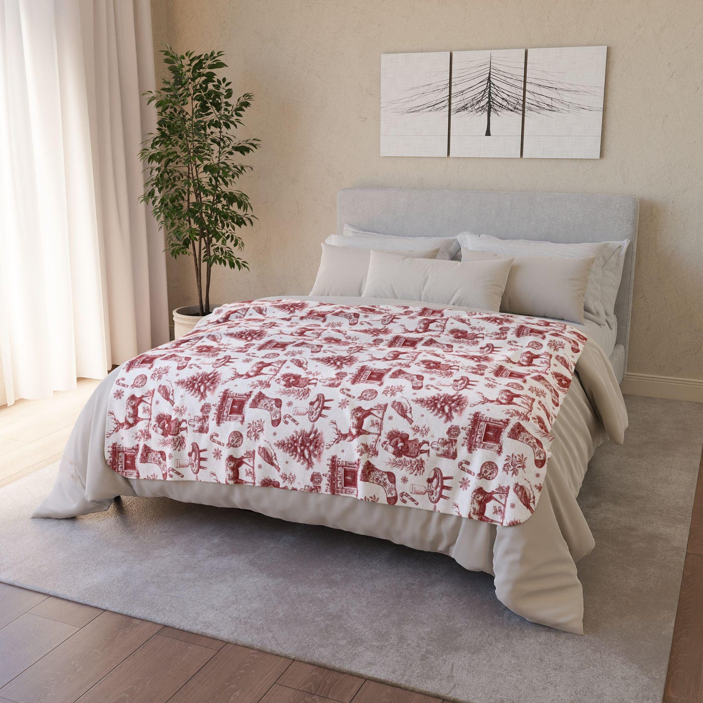 Red Toile Christmas Woven Blanket Elegant Toile de Jouy Festive Home Decoration Holiday French Country Blanket Chinoiserie Santa Red Blanket - LAUMIANstudio