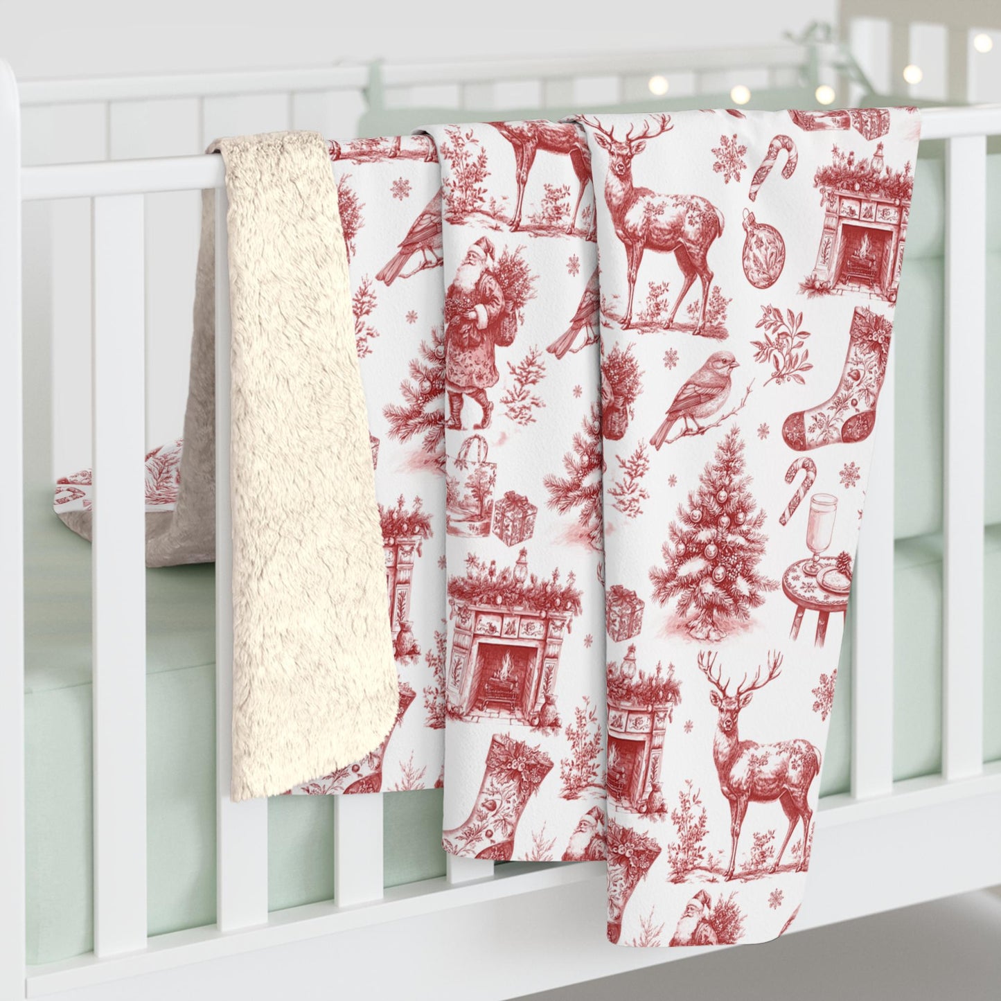 Red Festive Toile Blanket Vintage Christmas Throw Blanket Red Classic Holiday Sherpa Blanket Santa Deer Xmas Velveteen Plush Blanket - LAUMIANstudio
