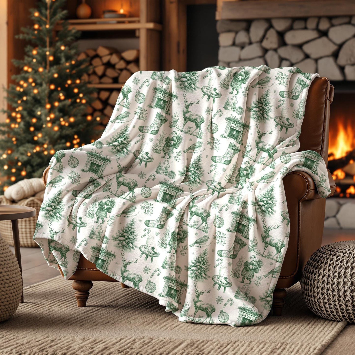 Green Toile Holiday Blanket French Vintage Throw Green Christmas Home Decor Toile de Jouy Woven Blanket - LAUMIANstudio