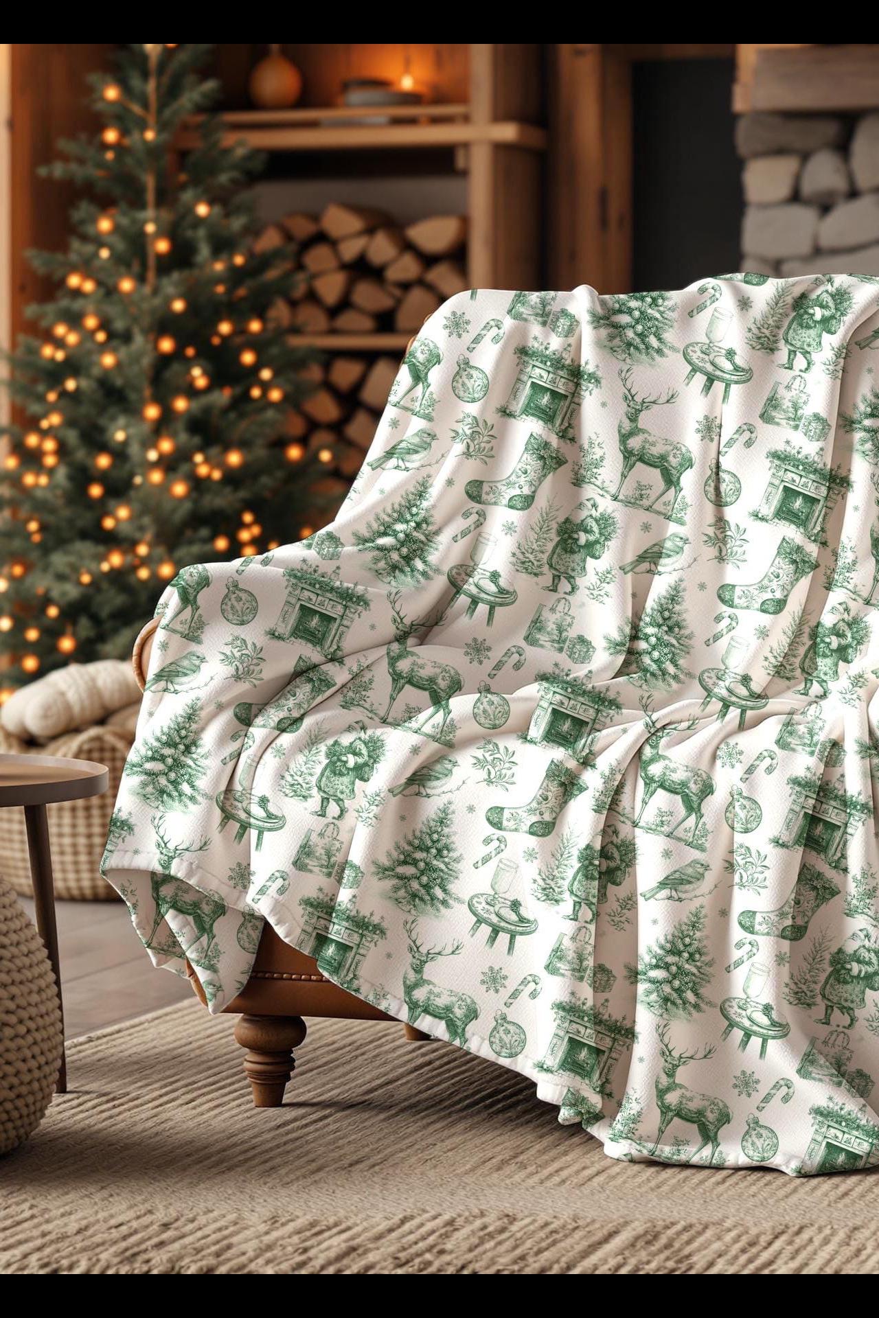 Green Toile Christmas Blanket: Festive Chinoiserie Sherpa Throw Holiday - LAUMIANstudio