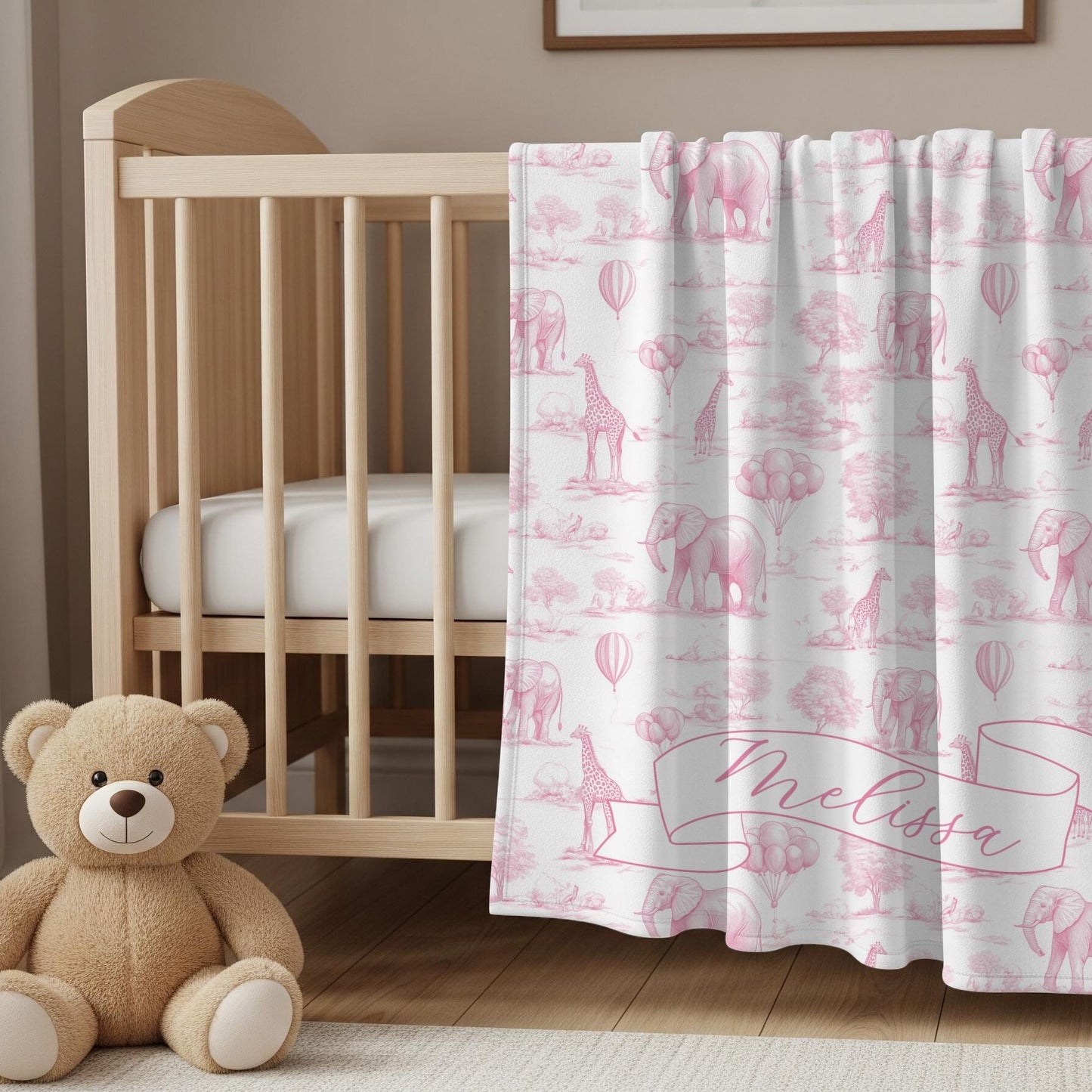 Personalized Safari Toile Blanket Safari Baby Shower Gift Sage Green Animal Nursery Decor Custom Name Toddler Blanket 1st Birthday Gift Boy - LAUMIANstudio