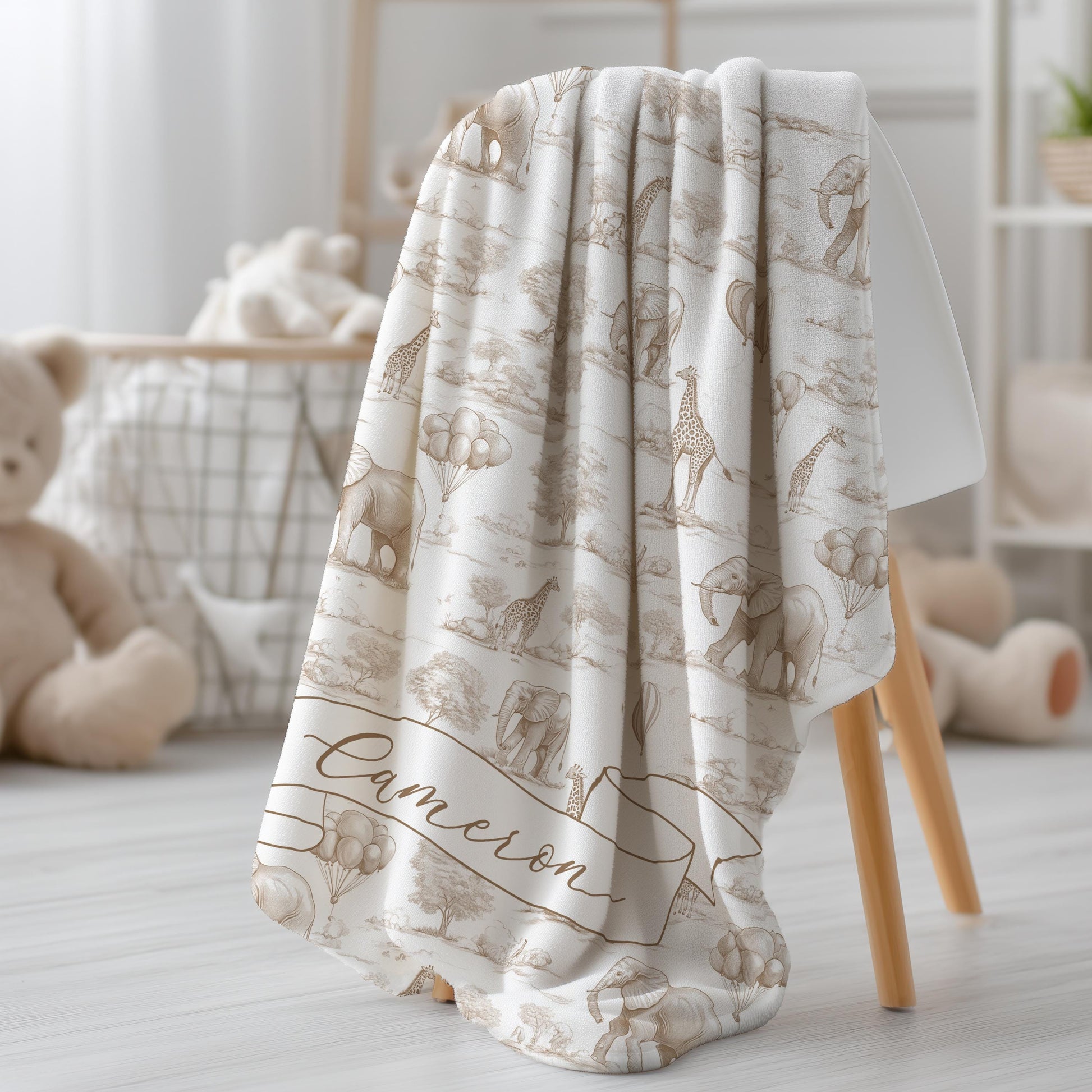 Vintage Safari Personalized Baby Blanket Beige Nursery Decor Personalised Safari Baby Blanket Soft Cream Jungle Animal Throw Neutral Color - LAUMIANstudio