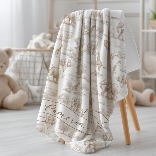 Vintage Safari Personalized Baby Blanket Beige Nursery Decor Personalised Safari Baby Blanket Soft Cream Jungle Animal Throw Neutral Color - LAUMIANstudio