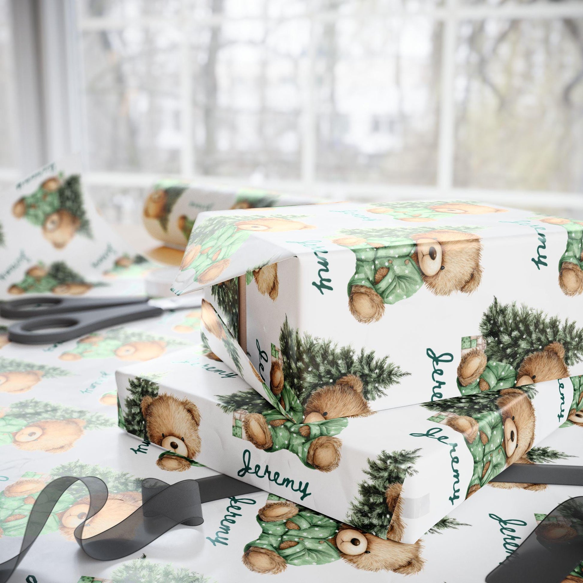 Blue Teddy Bear Wrapping Paper Blue Christmas Boy Gift Wrap Personalized 1st Christmas Wrapping Paper Winter 1st Birthday Gift Wrap for Son - LAUMIANstudio