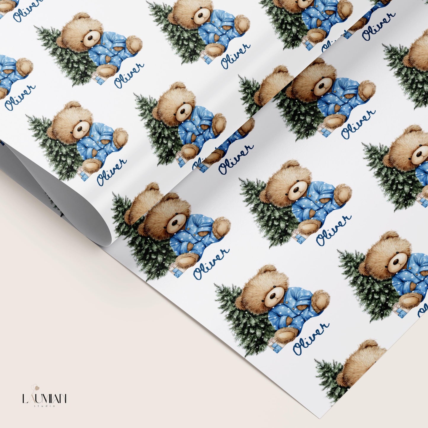 Blue Teddy Bear Wrapping Paper Blue Christmas Boy Gift Wrap Personalized 1st Christmas Wrapping Paper Winter 1st Birthday Gift Wrap for Son - LAUMIANstudio