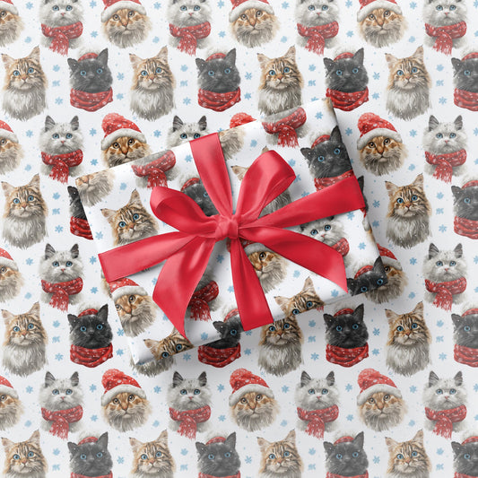 Cat Christmas Wrapping Paper Festive Cats Gift Wrap Ragdoll Cat Gift Wrap Funny Black Cat Christmas Cap Wrapping Paper Roll Cat Lover Gift - LAUMIANstudio