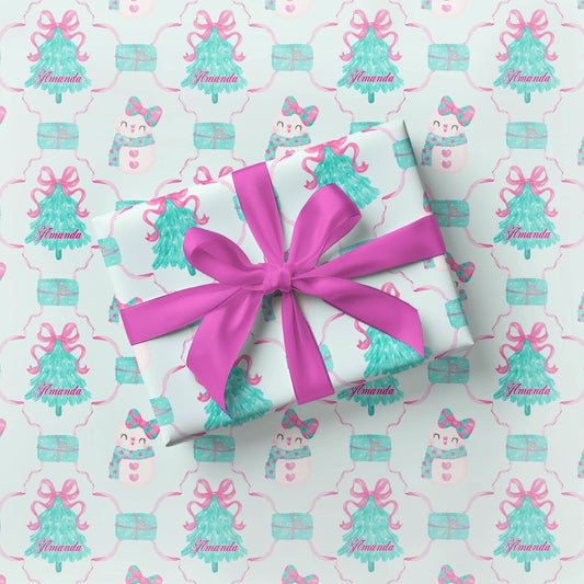Preppy Mint Christmas Gift Wrap Pink Mint Christmas Tree Wrapping Paper for Girl Holiday Gift Wrap Coquette Bow Festive Gift Wrap Snowman - LAUMIANstudio