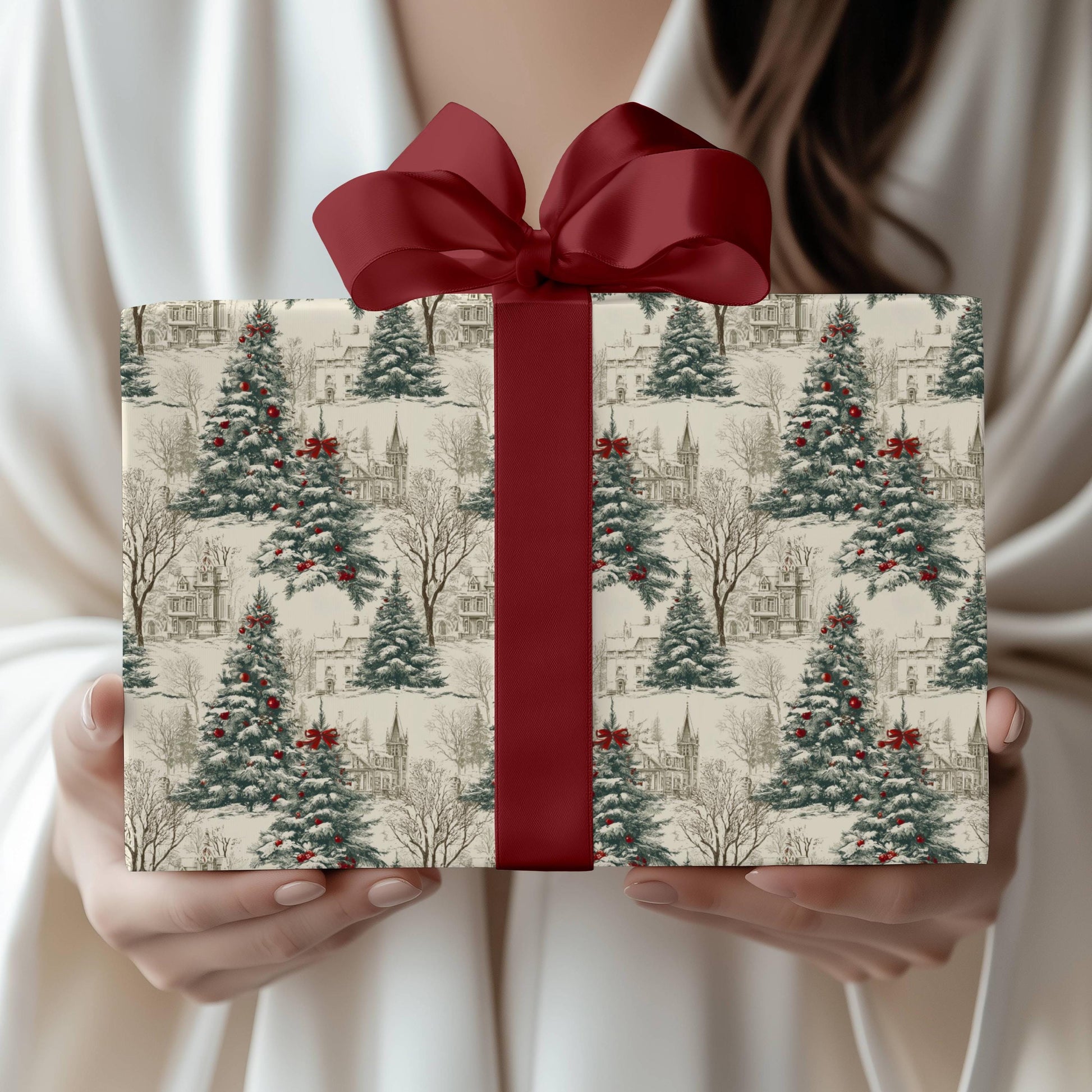 Vintage Christmas Tree Gift Wrap Toile Vintage Gift Wrap Elegant Red Bow Wrapping Paper Roll Personalizable Holiday Present Wrapping Paper - LAUMIANstudio