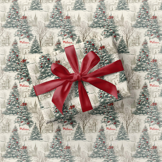 Vintage Christmas Tree Gift Wrap Toile Vintage Gift Wrap Elegant Red Bow Wrapping Paper Roll Personalizable Holiday Present Wrapping Paper - LAUMIANstudio