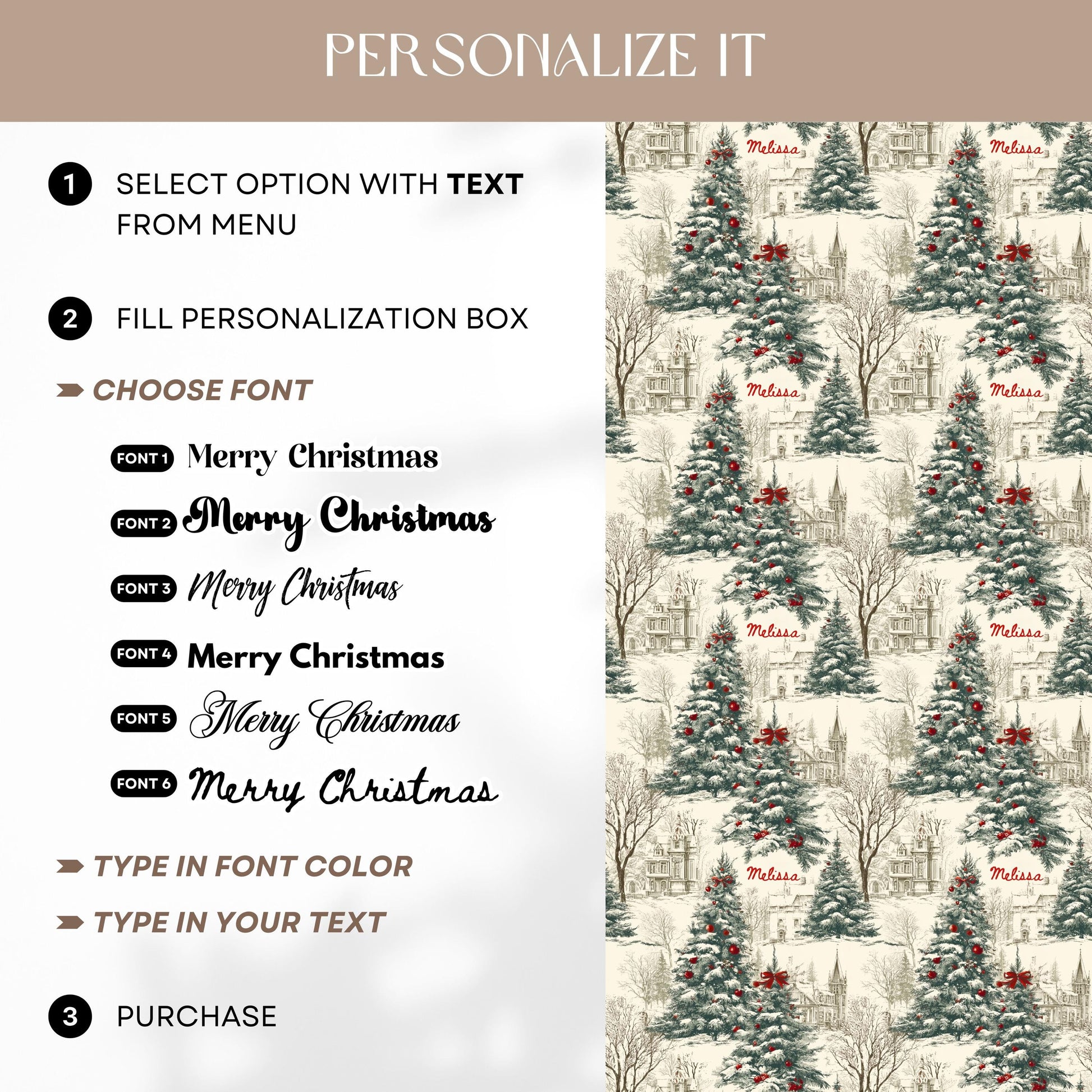 Vintage Christmas Tree Gift Wrap Toile Vintage Gift Wrap Elegant Red Bow Wrapping Paper Roll Personalizable Holiday Present Wrapping Paper - LAUMIANstudio