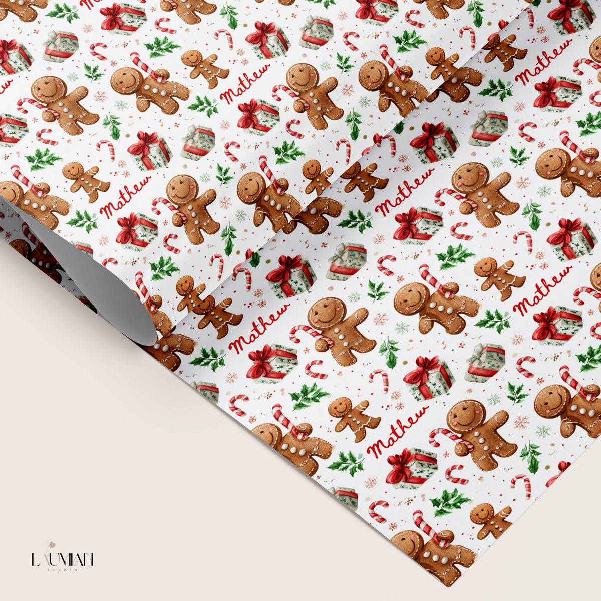 Christmas Gingerbread Man Wrapping Paper Personalized Gingerbread Gift Wrap Children Christmas Gingerbread Wrapping Paper Roll for Kids - LAUMIANstudio