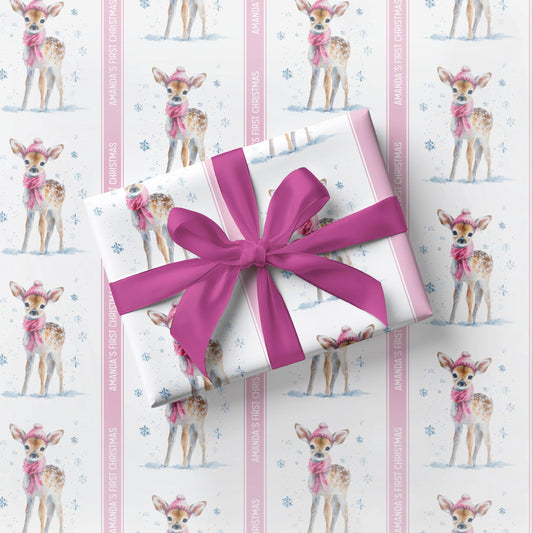 Girl First Christmas Gift Wrap Pink Baby Deer Wrapping Paper Christmas Reindeer Present Paper for Girl Baby Shower Decor Winter Deer Party - LAUMIANstudio