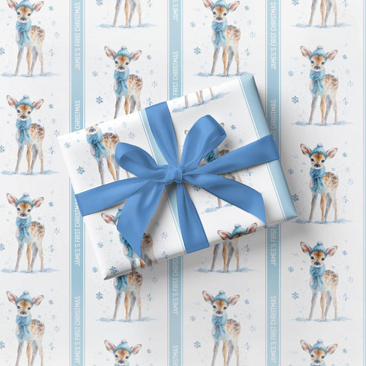 Boy First Christmas Gift Wrap Blue Baby Deer Wrapping Paper Christmas Reindeer Present Paper for Boy Baby Shower Gift Paper Watercolor Deer - LAUMIANstudio