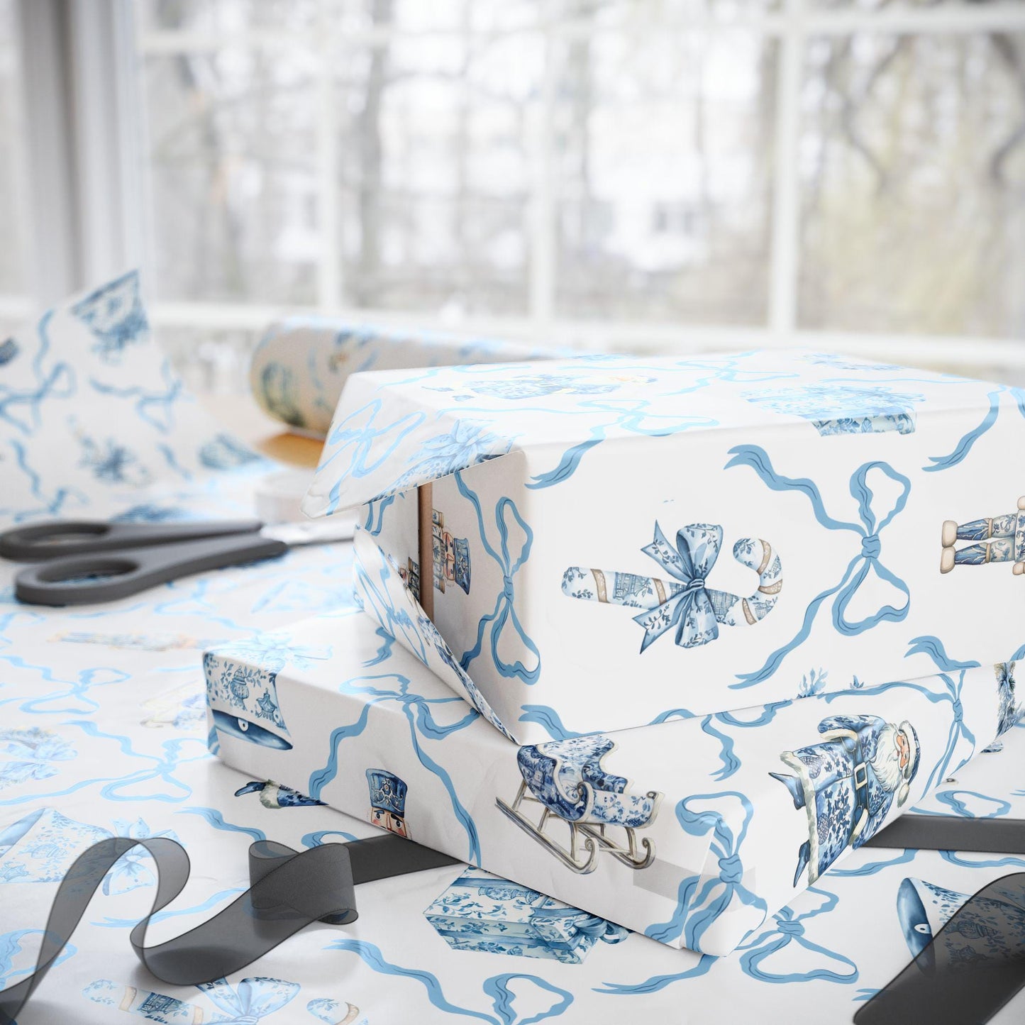 Blue Toile Wrapping Paper Christmas Blue Bow Gift Wrap Personalized Elegant Holiday Wrapping Paper Blue Nutcracker Gift Wrap First Christmas - LAUMIANstudio