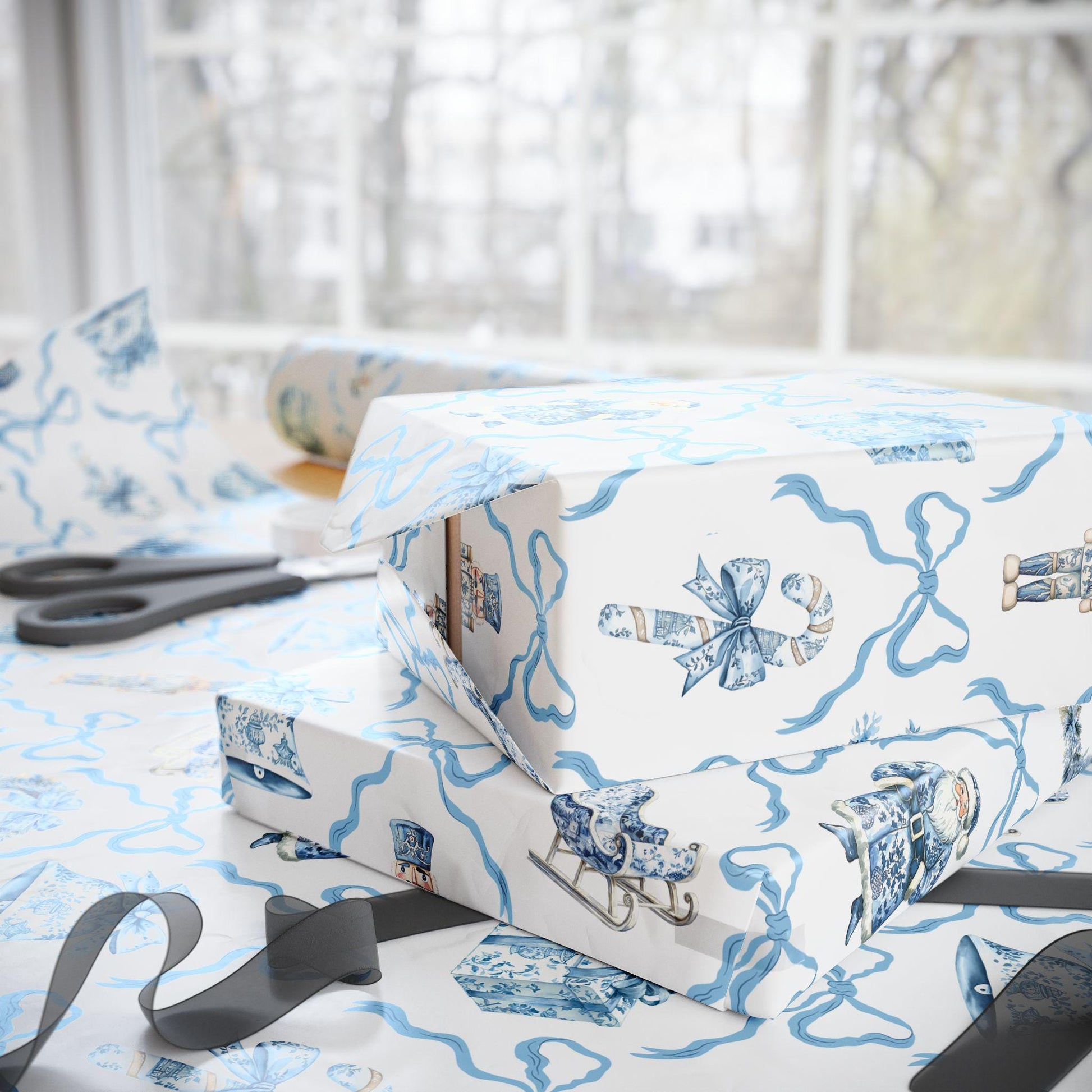 Blue Toile Wrapping Paper Christmas Blue Bow Gift Wrap Personalized Elegant Holiday Wrapping Paper Blue Nutcracker Gift Wrap First Christmas - LAUMIANstudio