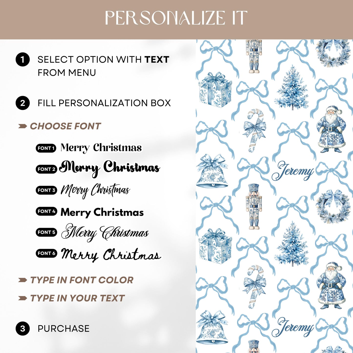 Blue Toile Wrapping Paper Christmas Blue Bow Gift Wrap Personalized Elegant Holiday Wrapping Paper Blue Nutcracker Gift Wrap First Christmas - LAUMIANstudio