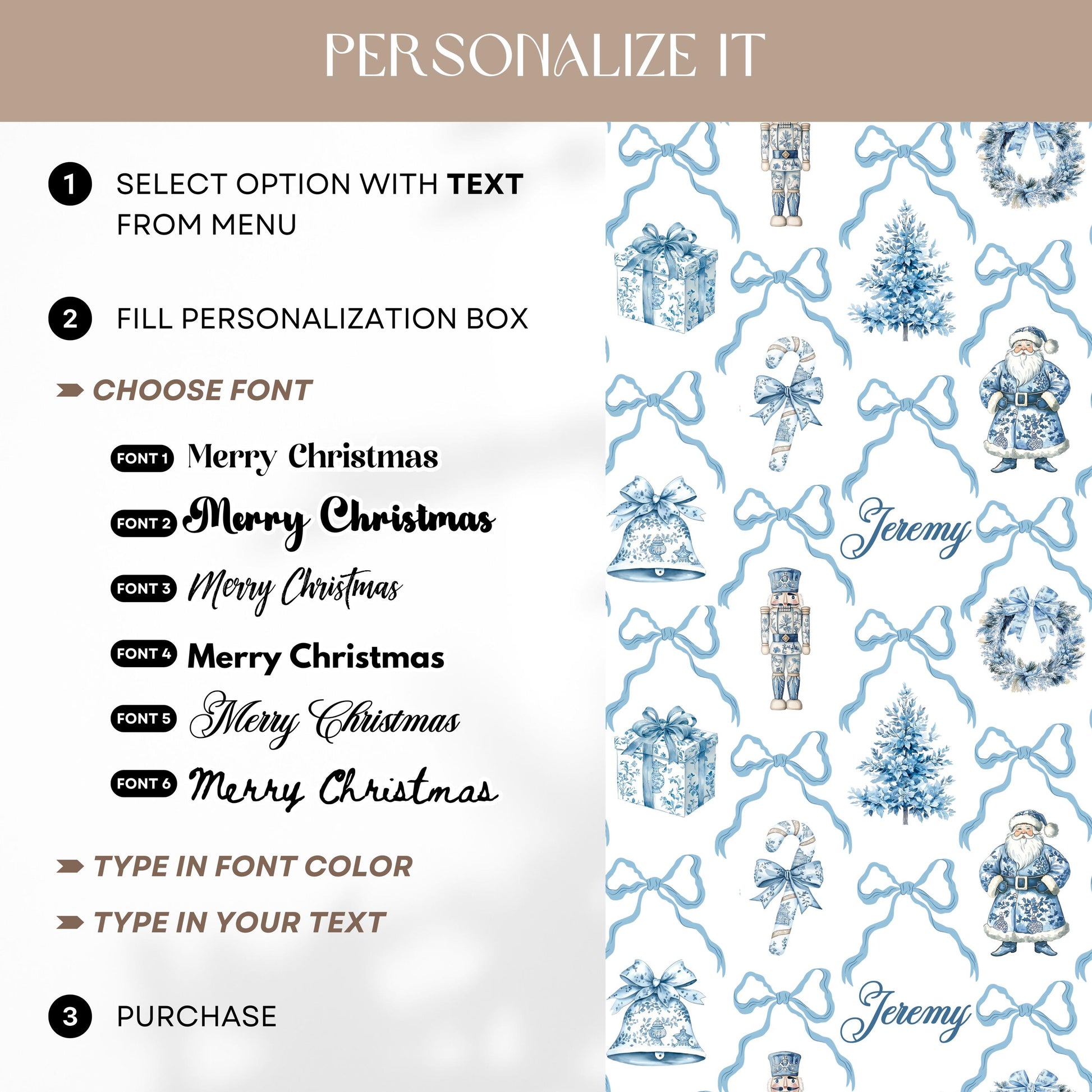 Blue Toile Wrapping Paper Christmas Blue Bow Gift Wrap Personalized Elegant Holiday Wrapping Paper Blue Nutcracker Gift Wrap First Christmas - LAUMIANstudio