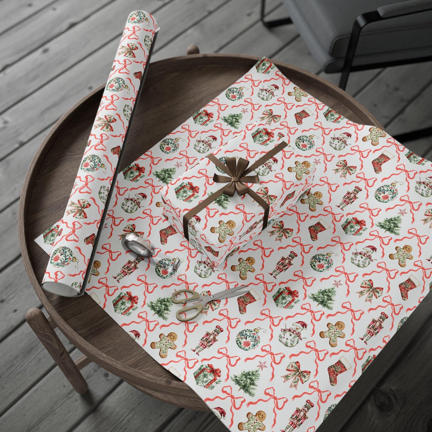 Red Bow Christmas Wrapping Paper Toile Christmas Baubles Gift Wrap Elegant Red Toile Wrapping Paper Festive Nutcracker Gift Wrap Christmas - LAUMIANstudio