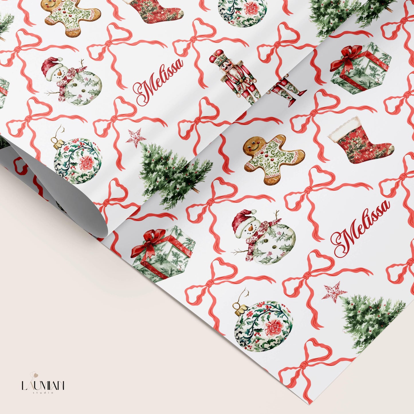 Red Bow Christmas Wrapping Paper Toile Christmas Baubles Gift Wrap Elegant Red Toile Wrapping Paper Festive Nutcracker Gift Wrap Christmas - LAUMIANstudio