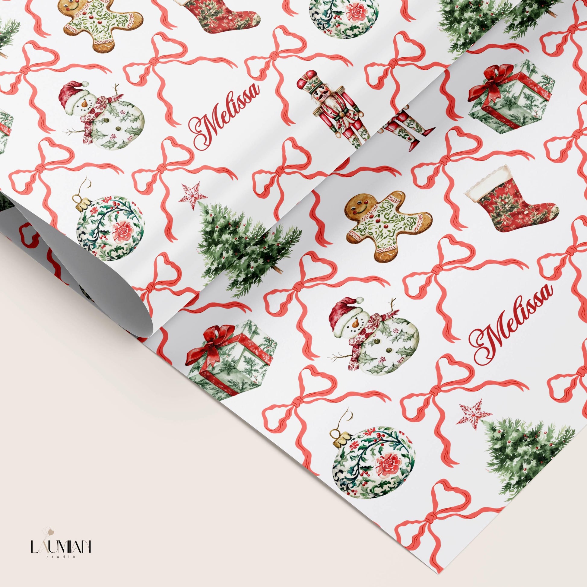 Red Bow Christmas Wrapping Paper Toile Christmas Baubles Gift Wrap Elegant Red Toile Wrapping Paper Festive Nutcracker Gift Wrap Christmas - LAUMIANstudio