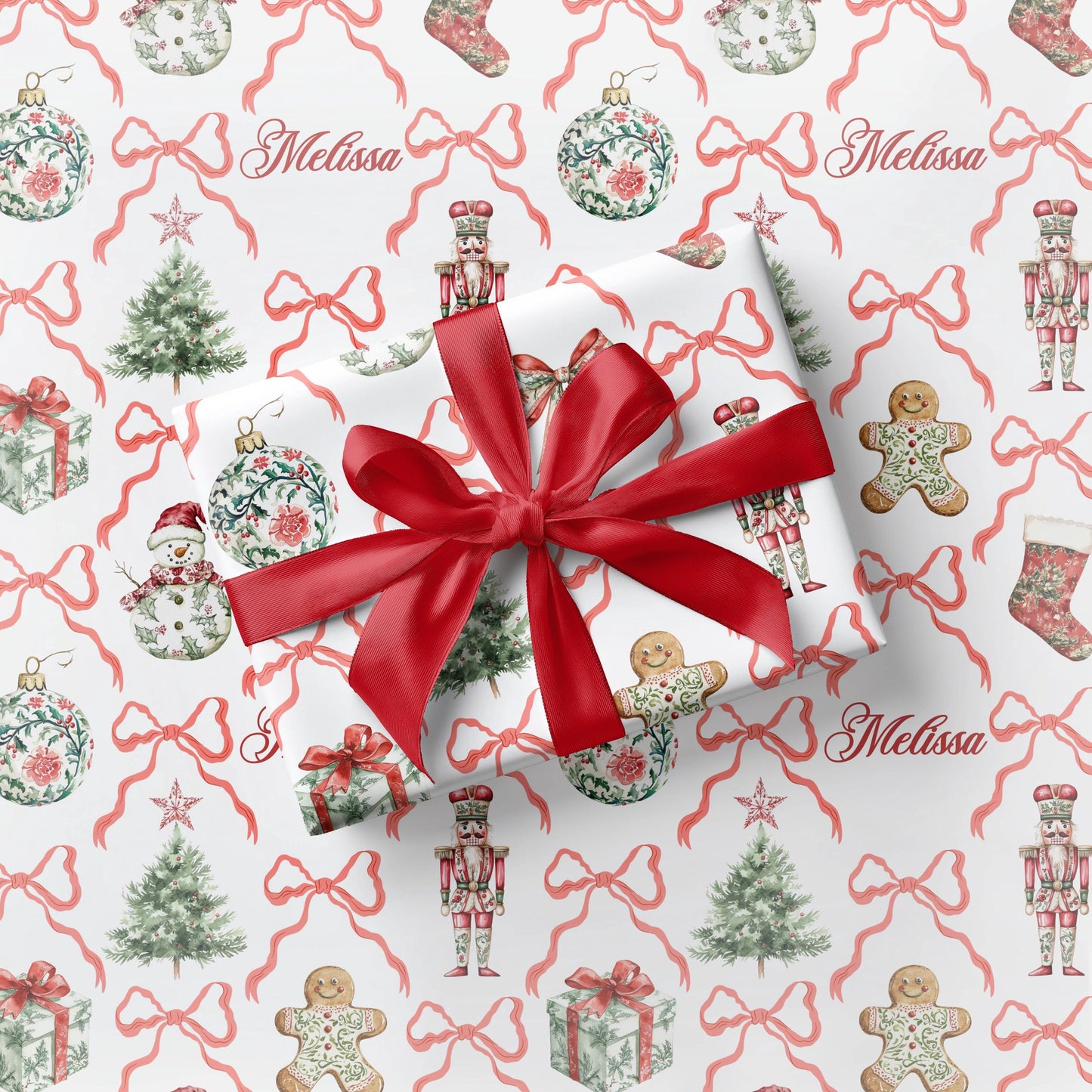 Red Bow Christmas Wrapping Paper Toile Christmas Baubles Gift Wrap Elegant Red Toile Wrapping Paper Festive Nutcracker Gift Wrap Christmas - LAUMIANstudio