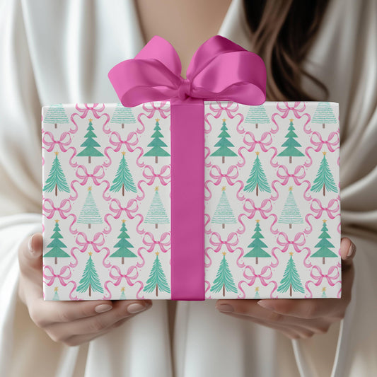 Pink Christmas Wrapping Paper Preppy Bow Festive Gift Wrap Pink Mint Christmas Wrapping Paper Roll Coquette Christmas Wrapping Girly Holiday - LAUMIANstudio