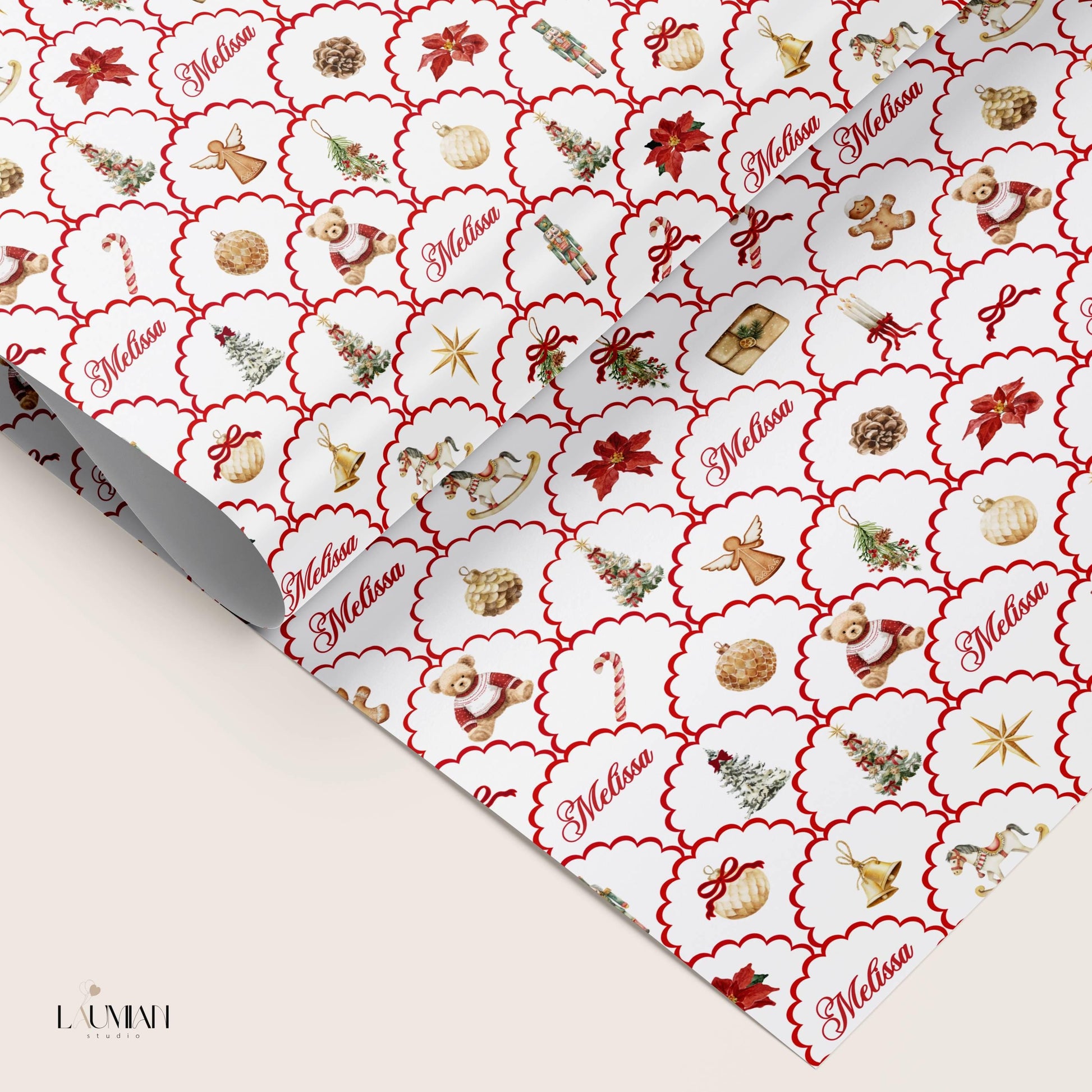 Red Toy Kid Wrapping Paper Personalized Christmas Gift Wrap for Kid Holiday Wrapping Christmas Birthday Teddy Gift Wrap Christmas Tree Paper - LAUMIANstudio