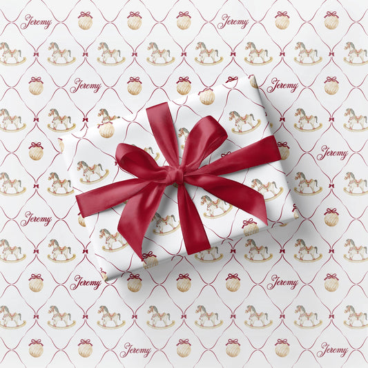 Christmas Rocking Horse Wrapping Paper Kid Holiday Gift Wrapping Festive Children Gift Wrapping Holiday Toy Wrapping Paper Roll Custom Name - LAUMIANstudio