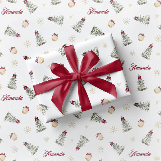 Elegant Christmas Tree Gift Wrap Luxury Festive Wrapping Paper Holiday Red Bow Wrapping Paper Roll Custom Name Christmas Gift Wrap Red Green - LAUMIANstudio
