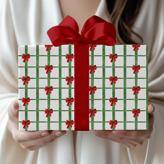 Festive Red Bow Wrapping Paper Christmas Gingham Gift Wrap Custom Name Holiday Wrapping Paper Christmas Party Gift Wrapping Green Gingham - LAUMIANstudio