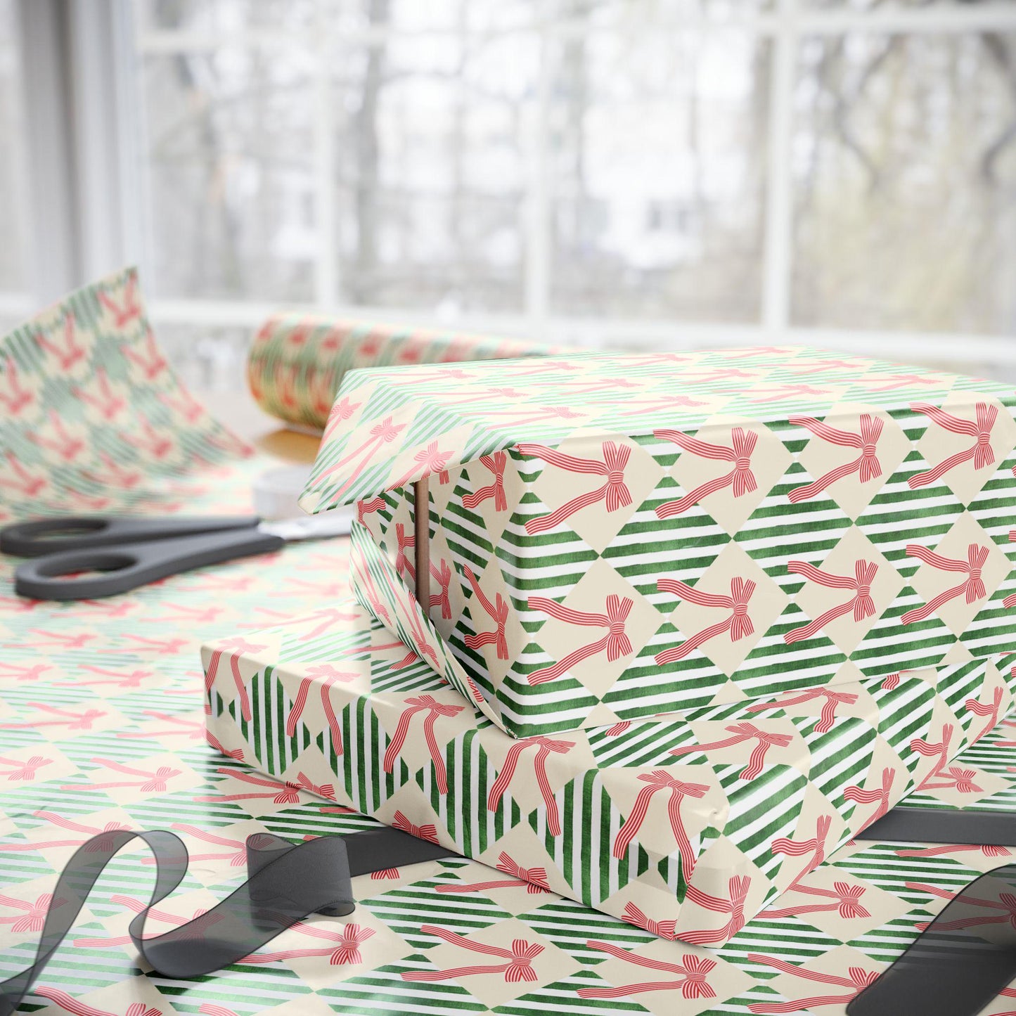 Elegant Festive Striped Wrapping paper Red and Green Gift Wrap Festive Red Bow Christmas Wrapping Paper Roll Coquette Bow Stripe Gift Wrap - LAUMIANstudio