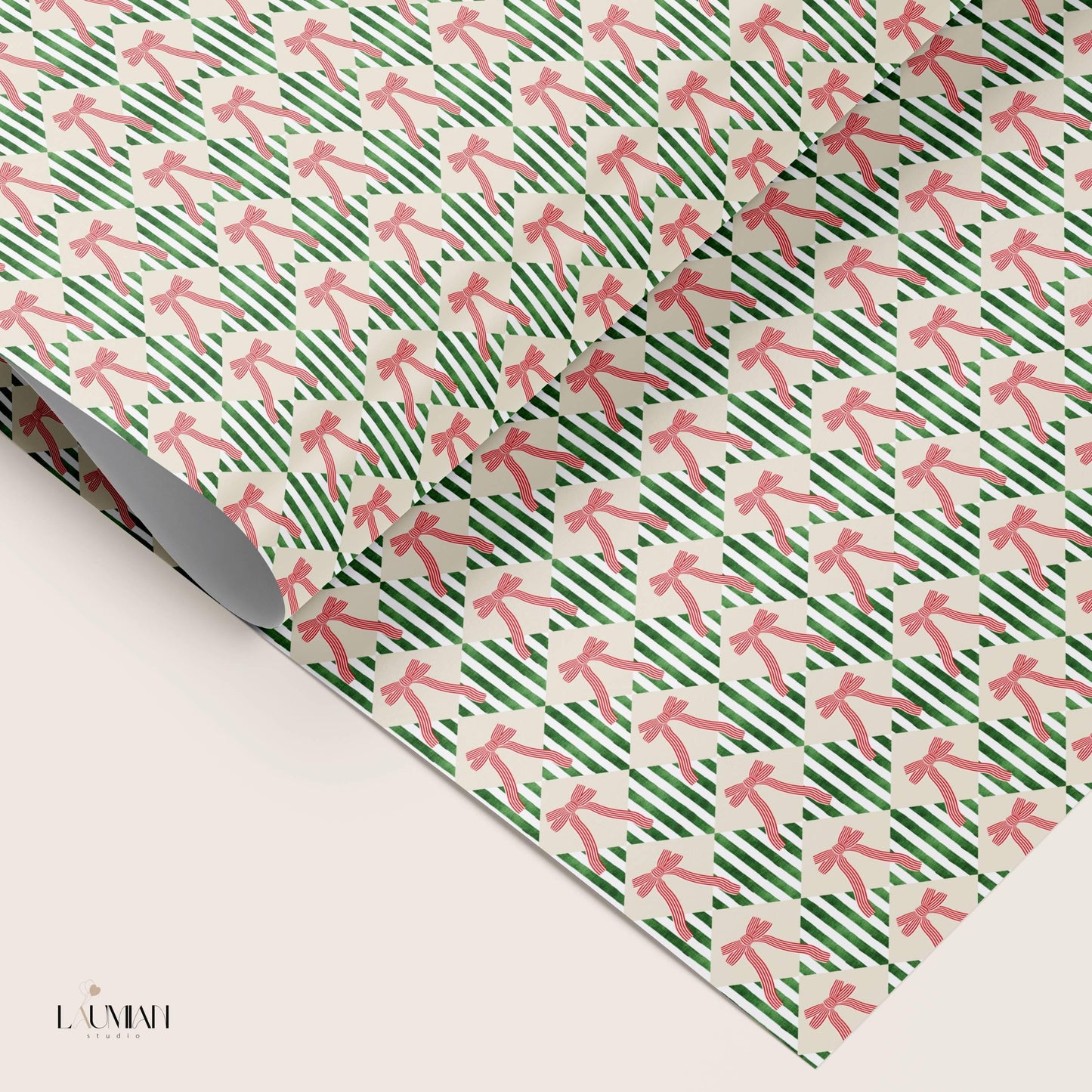 Elegant Festive Striped Wrapping paper Red and Green Gift Wrap Festive Red Bow Christmas Wrapping Paper Roll Coquette Bow Stripe Gift Wrap - LAUMIANstudio