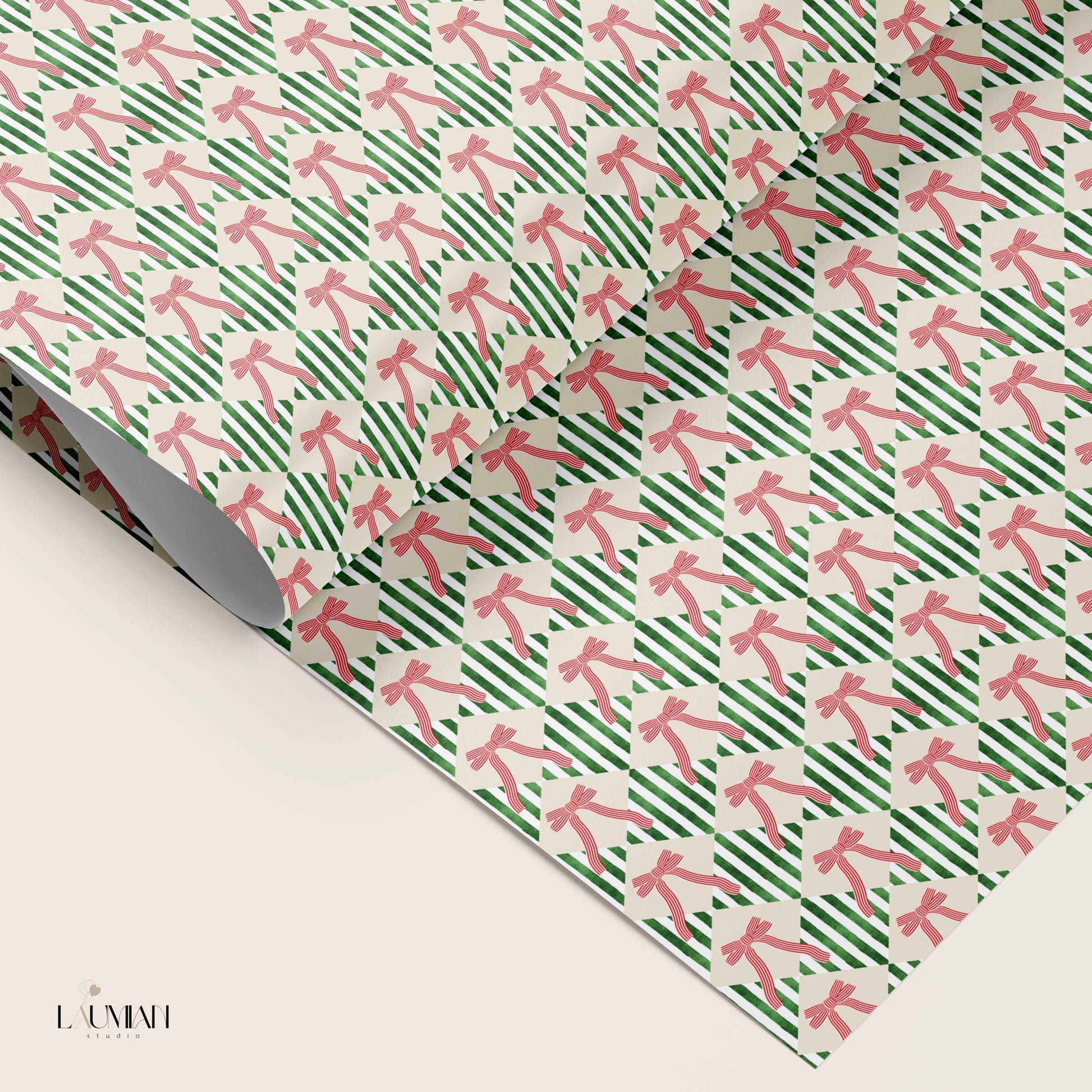Elegant Festive Striped Wrapping paper Red and Green Gift Wrap Festive Red Bow Christmas Wrapping Paper Roll Coquette Bow Stripe Gift Wrap - LAUMIANstudio