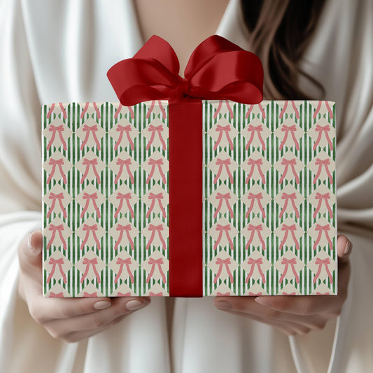 Elegant Festive Striped Wrapping paper Red and Green Gift Wrap Festive Red Bow Christmas Wrapping Paper Roll Coquette Bow Stripe Gift Wrap - LAUMIANstudio