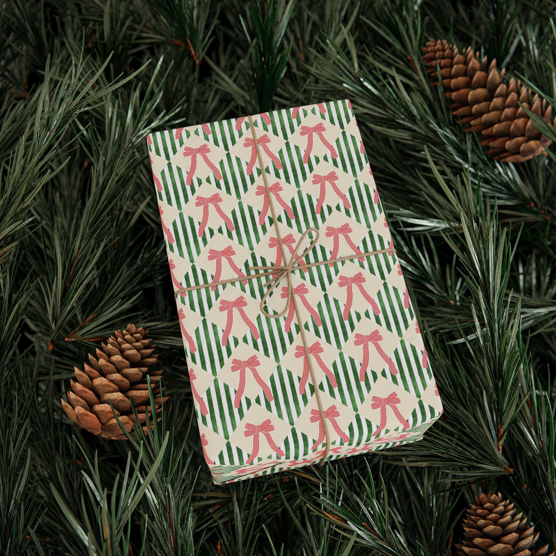 Elegant Festive Striped Wrapping paper Red and Green Gift Wrap Festive Red Bow Christmas Wrapping Paper Roll Coquette Bow Stripe Gift Wrap - LAUMIANstudio
