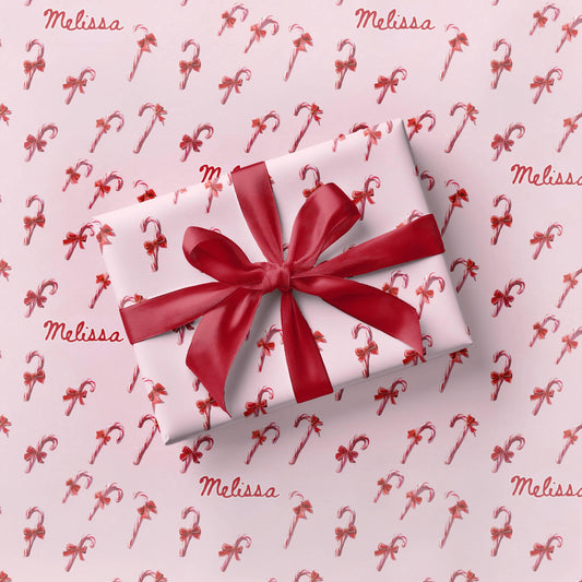 Christmas Candy Cane Gift Wrap Holiday Pink Wrapping Paper Personalized Pink Christmas Wrapping Paper Roll Custom Name Christmas Paper - LAUMIANstudio