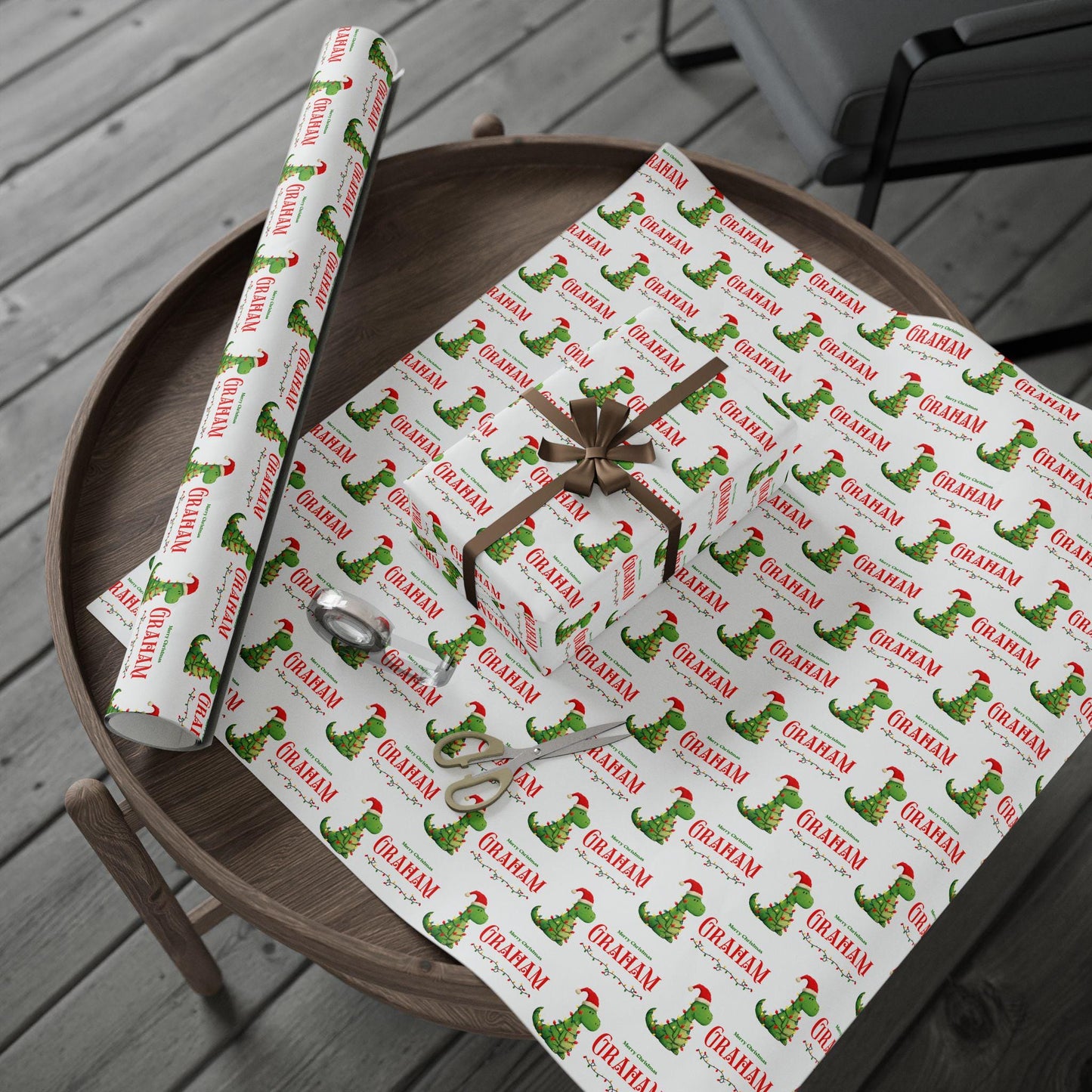 Christmas Dinosaur Wrapping Paper Kid Gift Festive Dino Wrapping Paper Roll Custom Name Trex Gift Wrap Dinosaur Birthday Present Paper - LAUMIANstudio