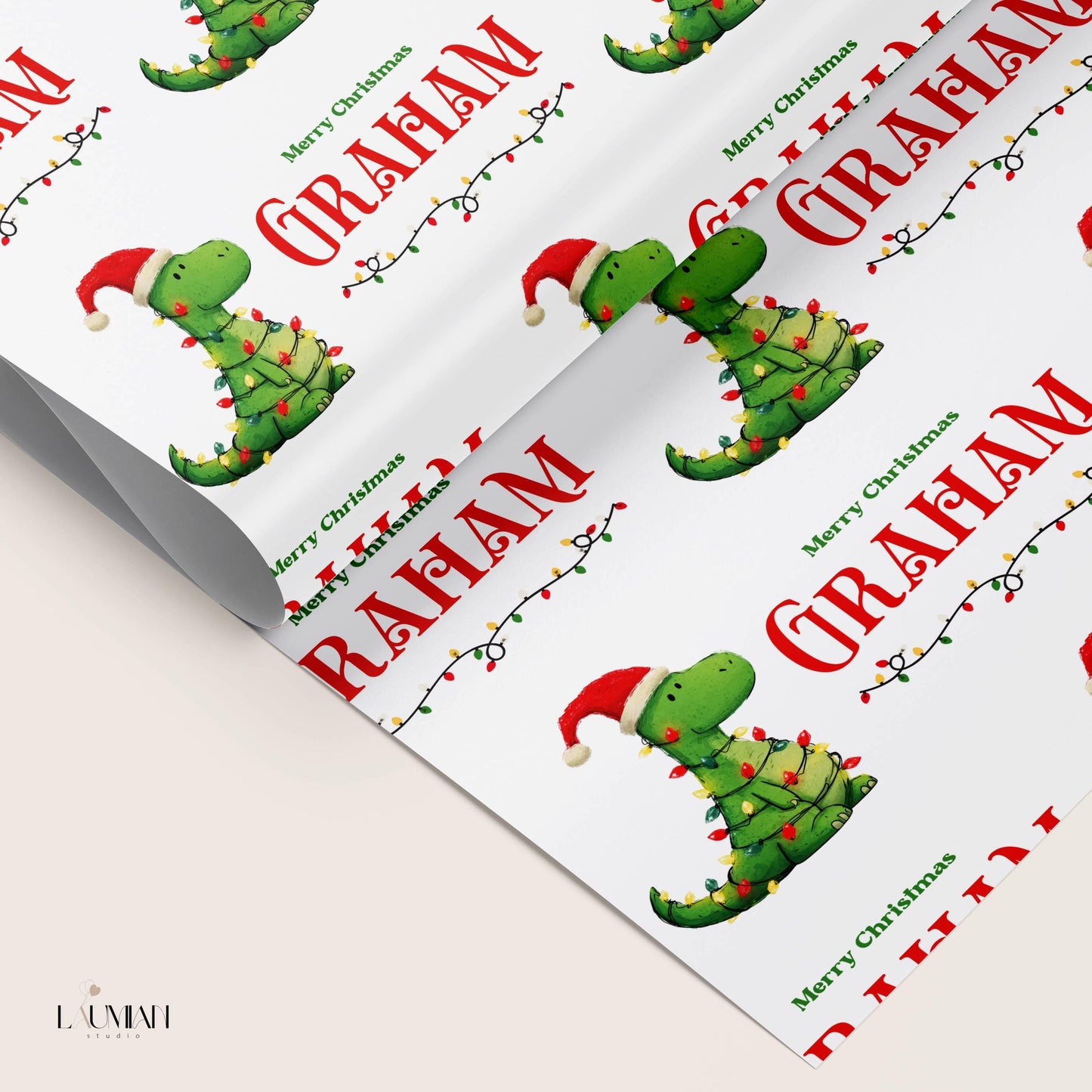 Christmas Dinosaur Wrapping Paper Kid Gift Festive Dino Wrapping Paper Roll Custom Name Trex Gift Wrap Dinosaur Birthday Present Paper - LAUMIANstudio