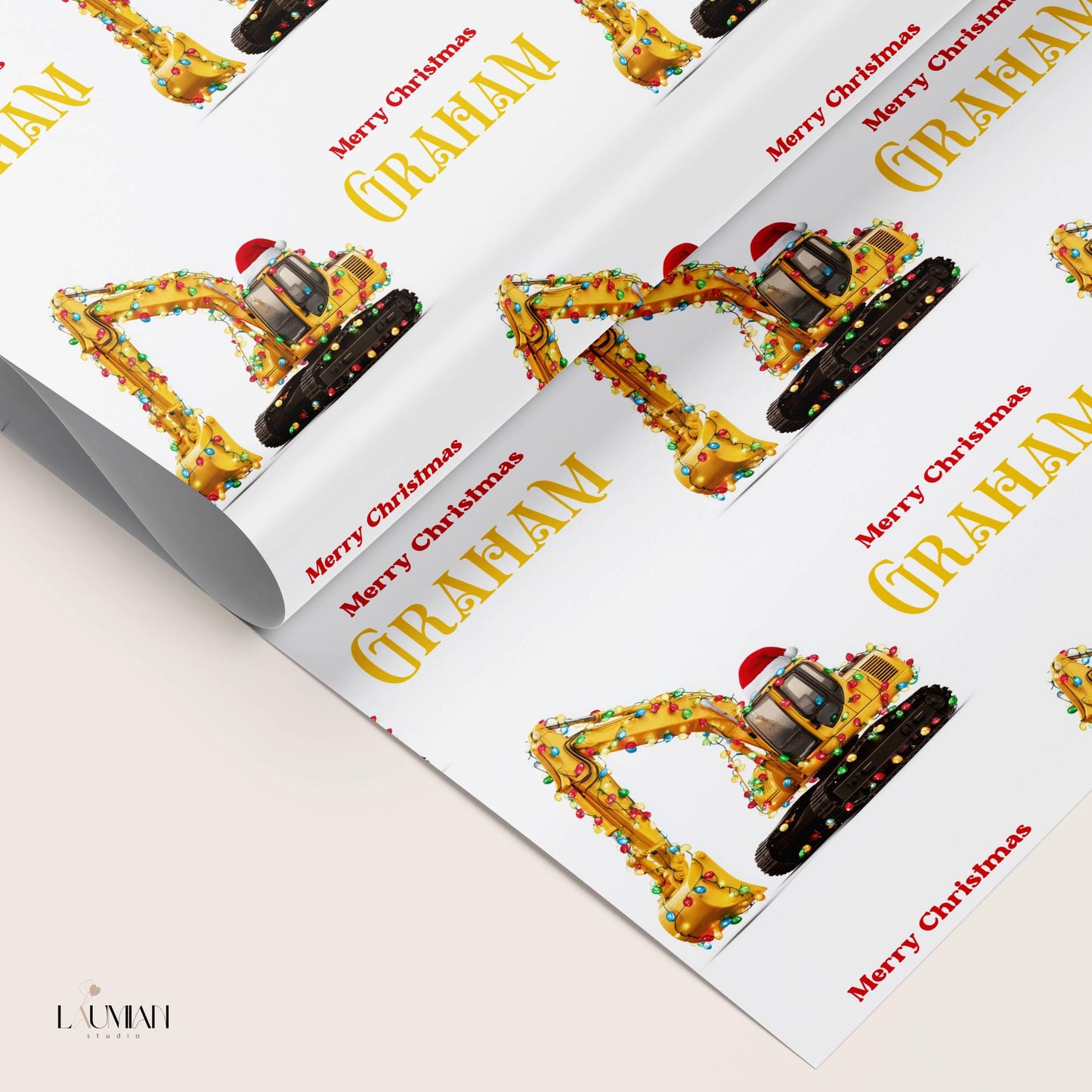 Festive Excavator Wrapping Paper First Boy Christmas Gift Wrap Construction Wrapping Paper Roll Digger 2nd Birthday Gift Paper Winter Party - LAUMIANstudio