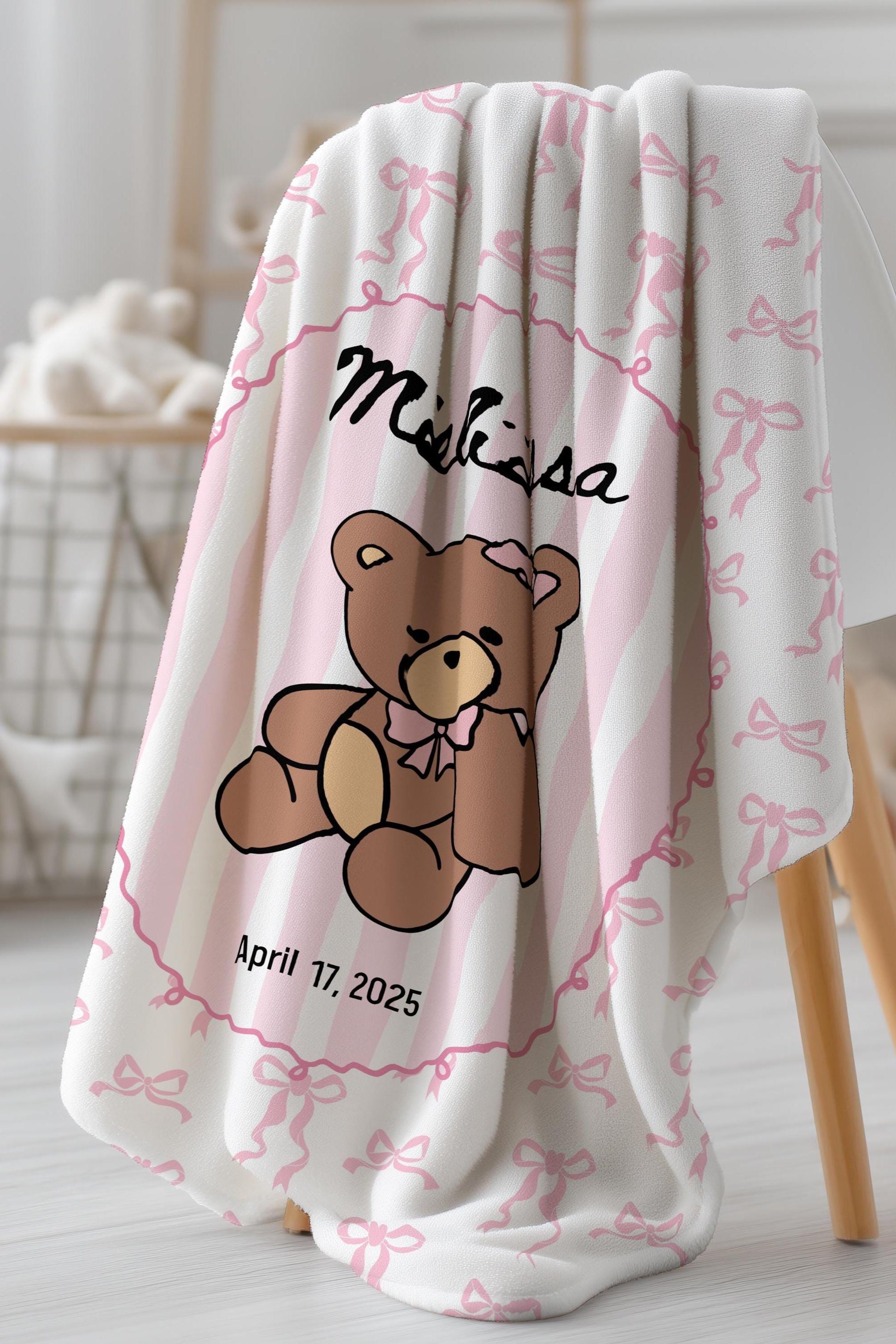 Personalized Teddy Baby Girl Blanket Soft Pink Bear Baby Blanket Pink Bow Teddy Bear Nursery Decor Girl Baby Shower Gift Basket Filler - LAUMIANstudio