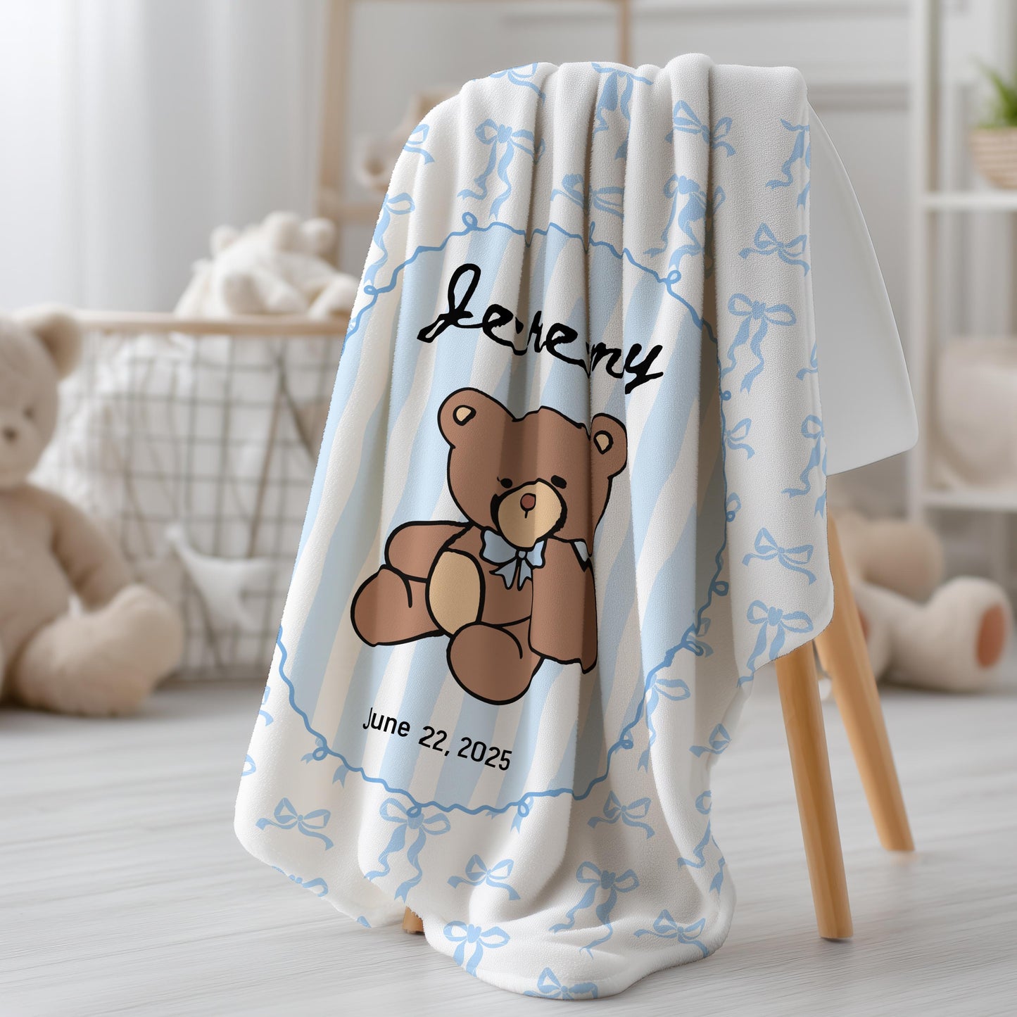 Teddy Bear Baby Blanket Blue Personalized Baby Shower Gift We Can Bearly Wait Shower Blanket Teddy Bear Nursery Decor Bear Crib Throw Name - LAUMIANstudio