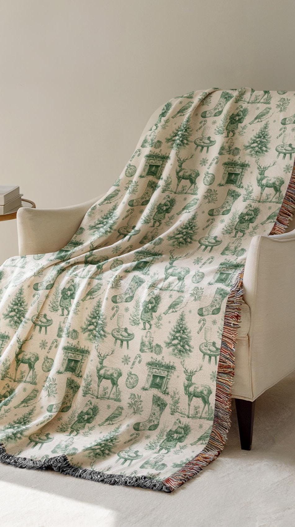 Green Toile Holiday Blanket French Vintage Throw Green Christmas Home Decor Toile de Jouy Woven Blanket - LAUMIANstudio