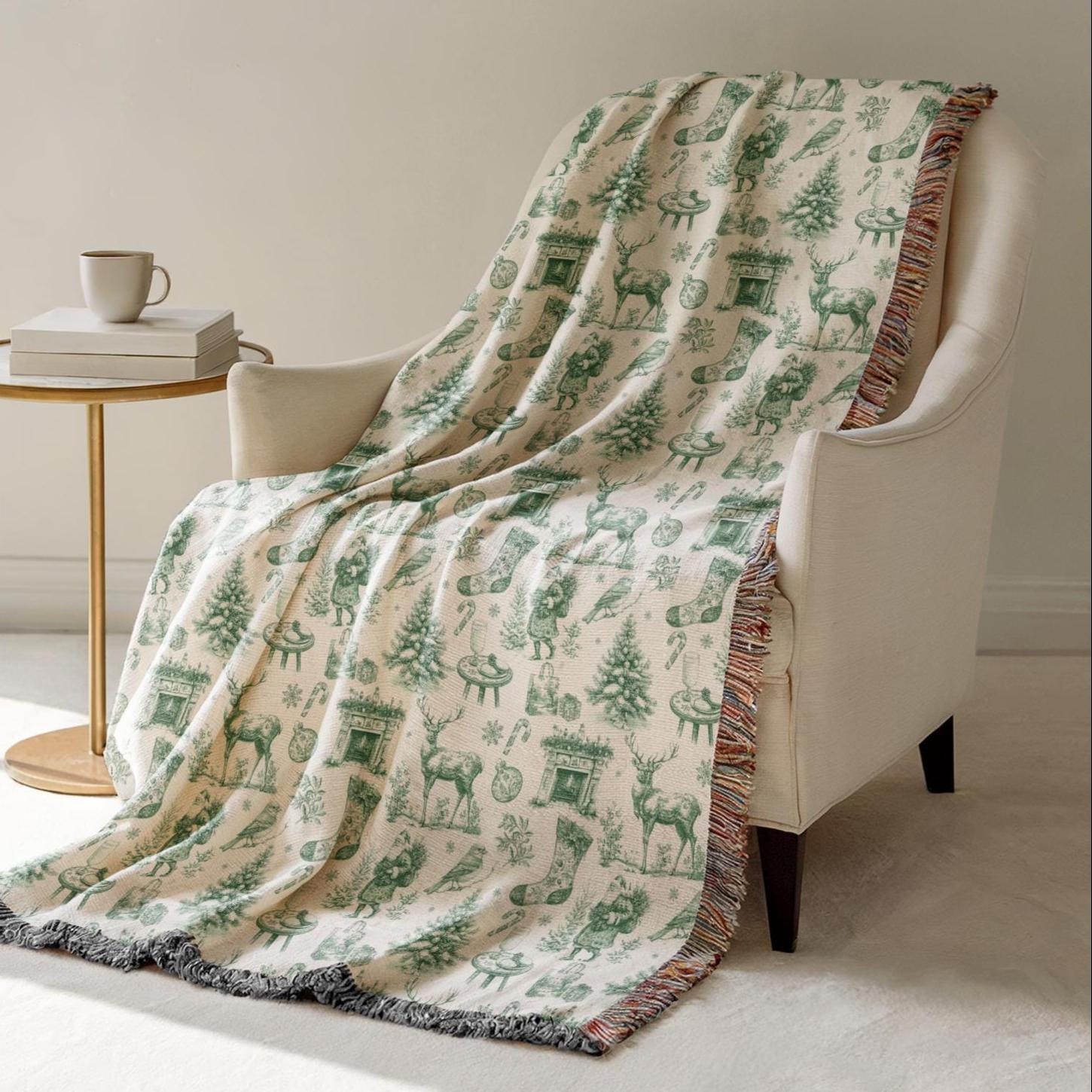 Green Toile Holiday Blanket French Vintage Throw Green Christmas Home Decor Toile de Jouy Woven Blanket - LAUMIANstudio