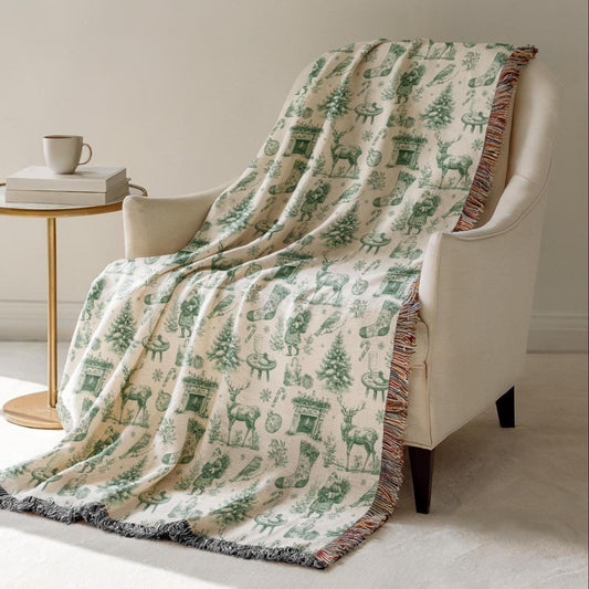 Green Toile Holiday Blanket French Vintage Throw Green Christmas Home Decor Toile de Jouy Woven Blanket - LAUMIANstudio