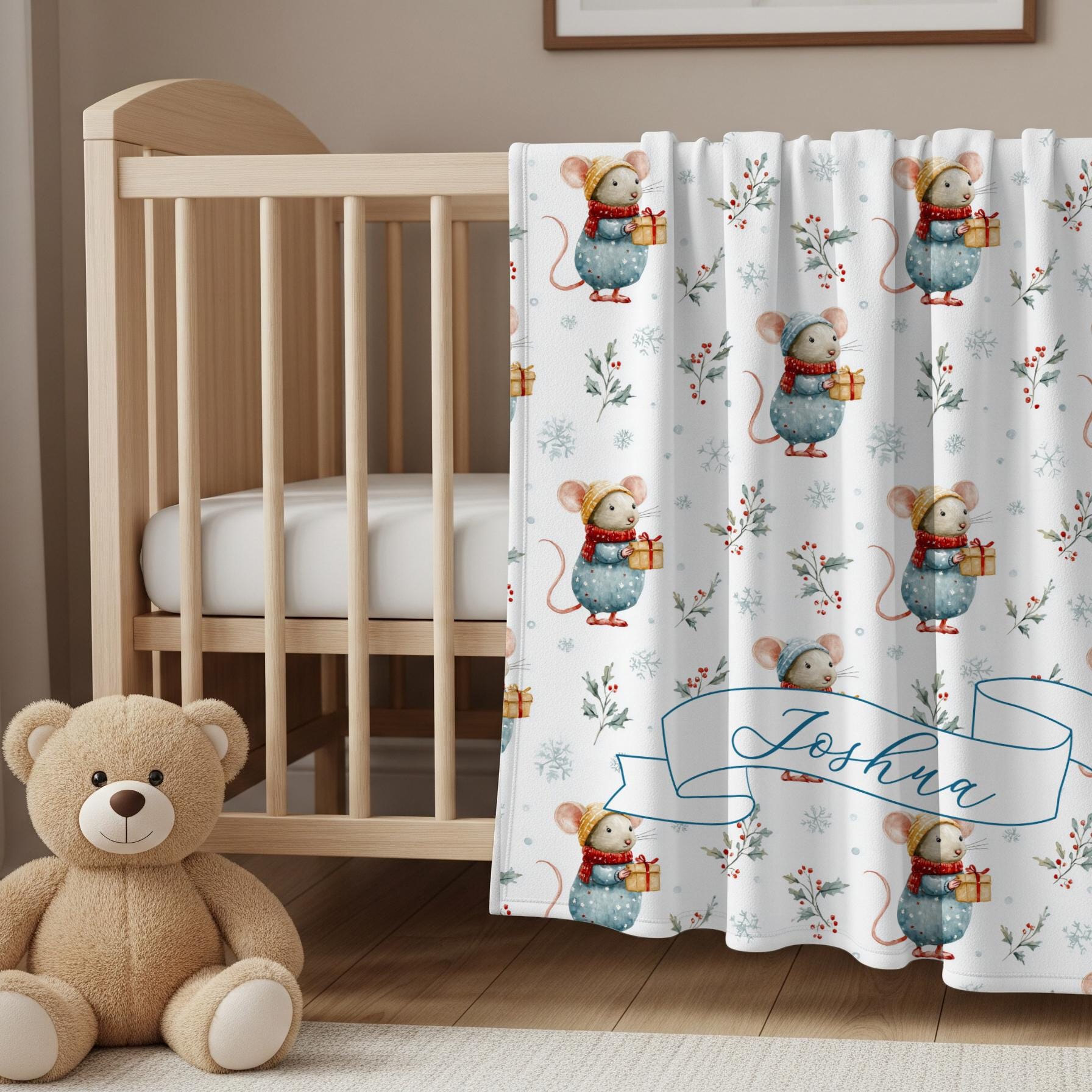 Winter Baby Shower Blanket Personalized Festive Mouse Baby Blanket Custom Baby Name Holiday Blanket for Newborn Festive Baby Shower Gift - LAUMIANstudio
