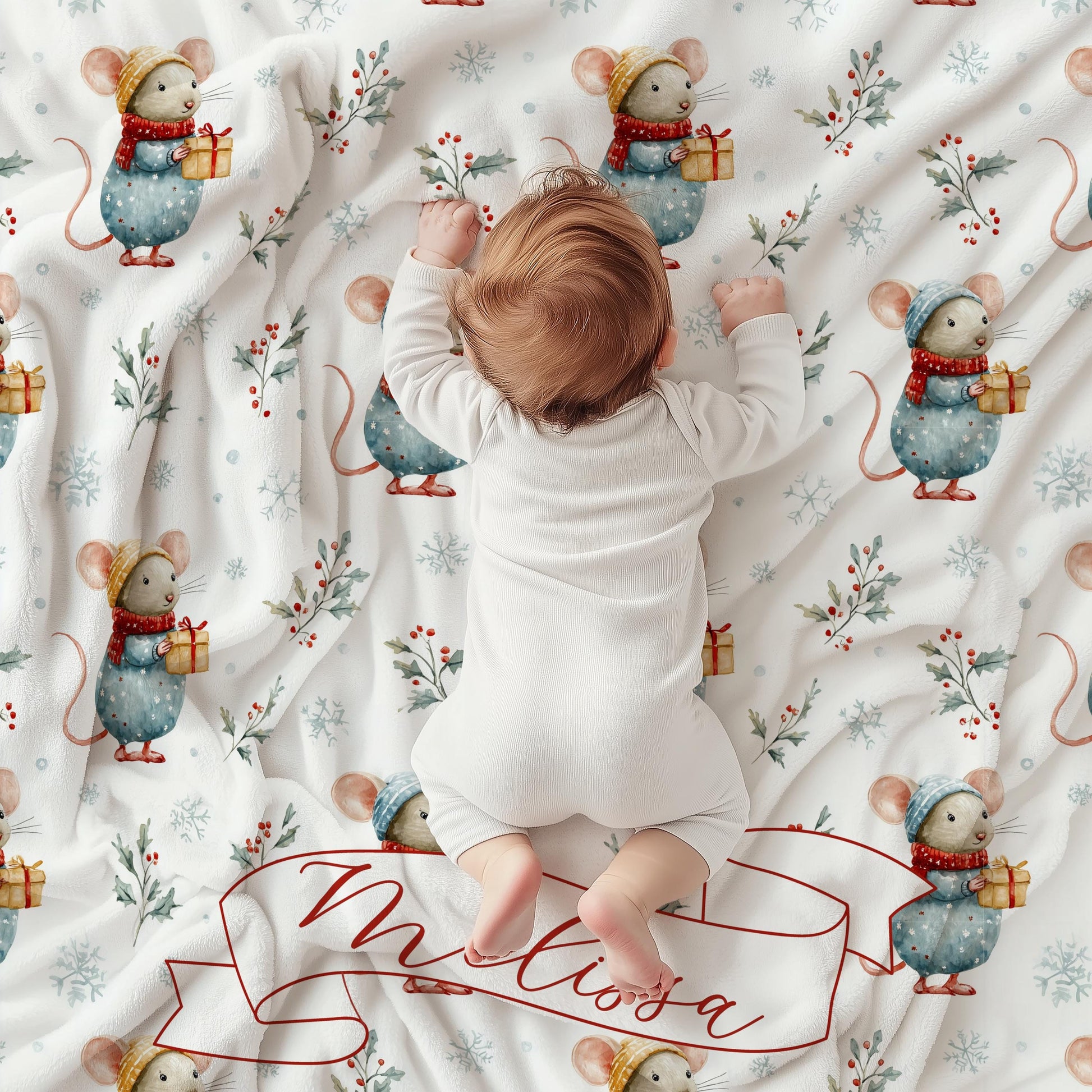 Winter Baby Shower Blanket Personalized Festive Mouse Baby Blanket Custom Baby Name Holiday Blanket for Newborn Festive Baby Shower Gift - LAUMIANstudio