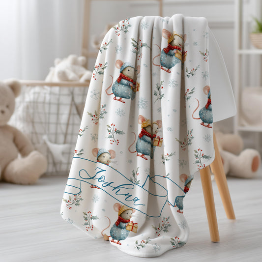 Winter Baby Shower Blanket Personalized Festive Mouse Baby Blanket Custom Baby Name Holiday Blanket for Newborn Festive Baby Shower Gift - LAUMIANstudio