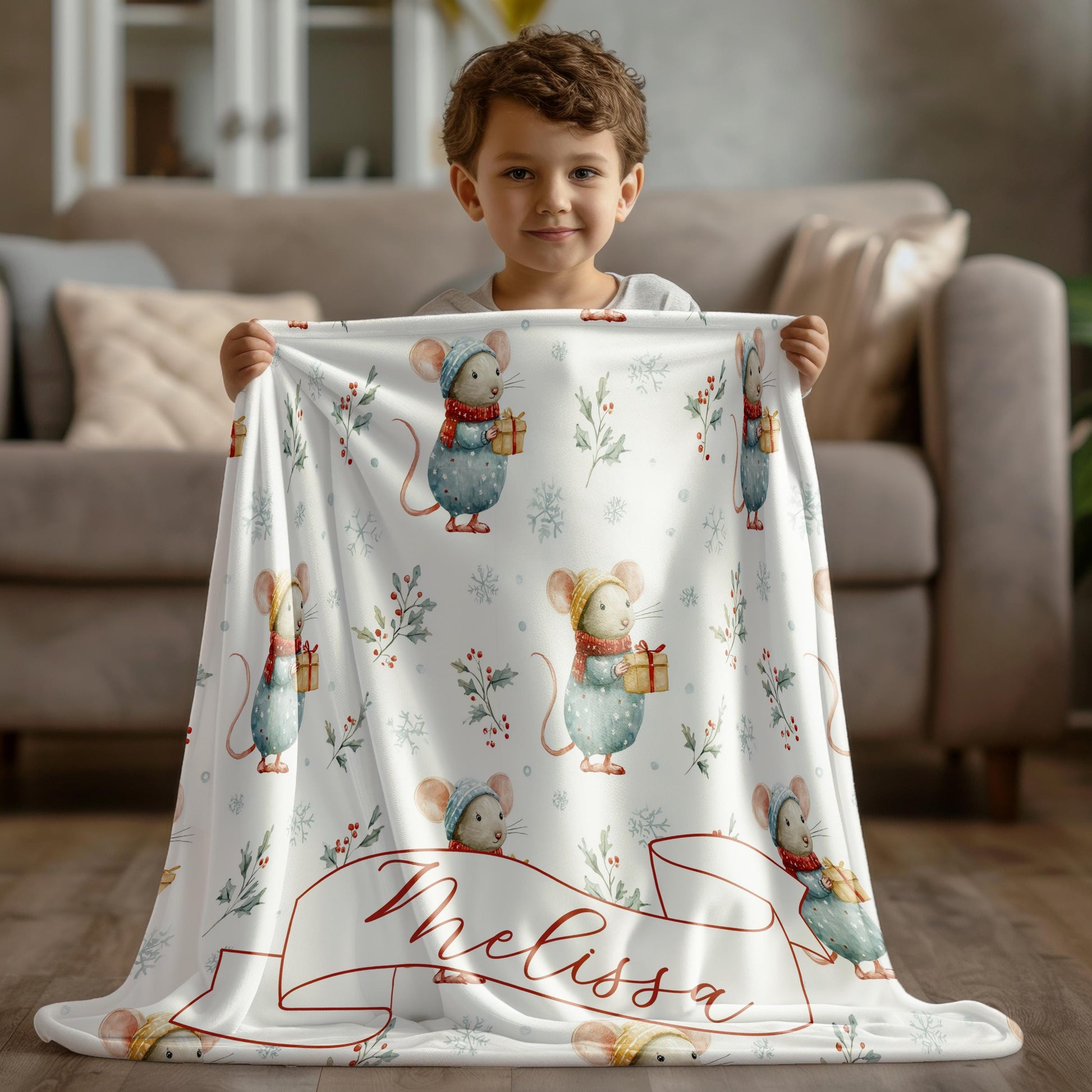 Winter Baby Shower Blanket Personalized Festive Mouse Baby Blanket Custom Baby Name Holiday Blanket for Newborn Festive Baby Shower Gift - LAUMIANstudio