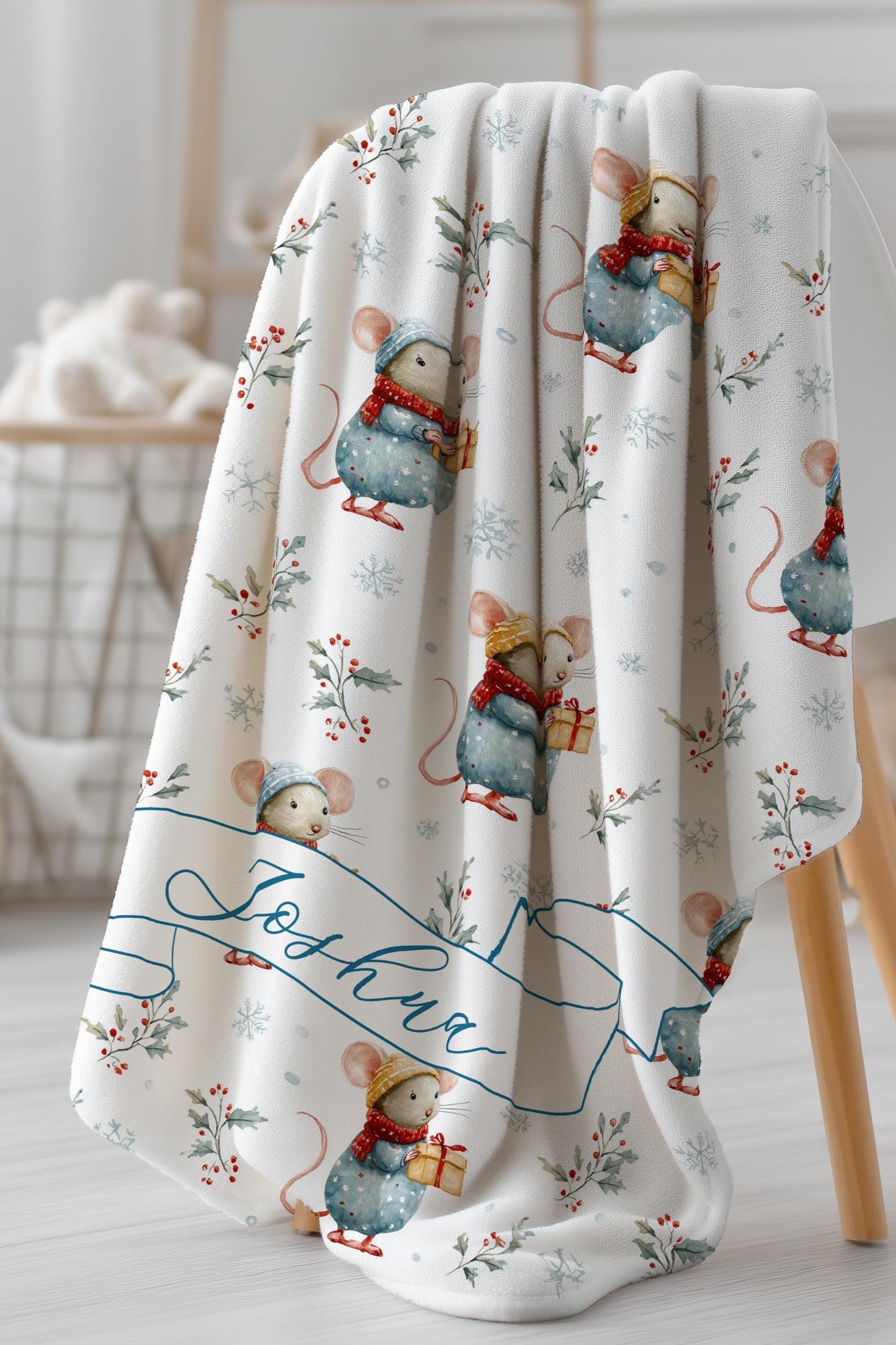 Winter Baby Shower Blanket Personalized Festive Mouse Baby Blanket Custom Baby Name Holiday Blanket for Newborn Festive Baby Shower Gift - LAUMIANstudio